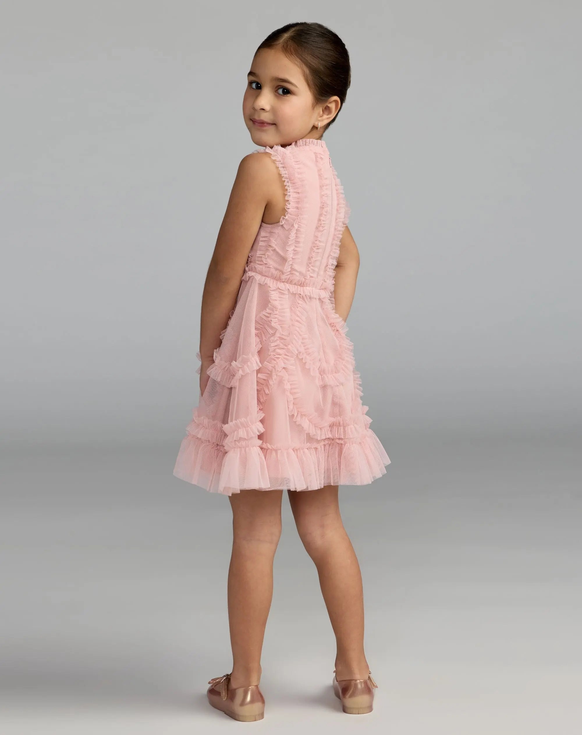 Girls Pink High Neck Sleeveless Micro Ruffle Mini Dress-Myartka