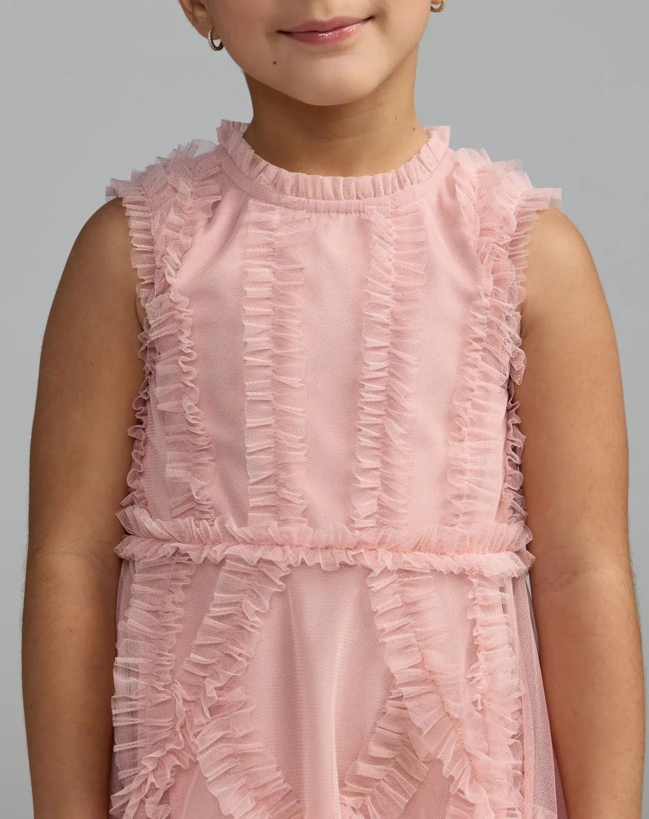 Girls Pink High Neck Sleeveless Micro Ruffle Mini Dress-Myartka