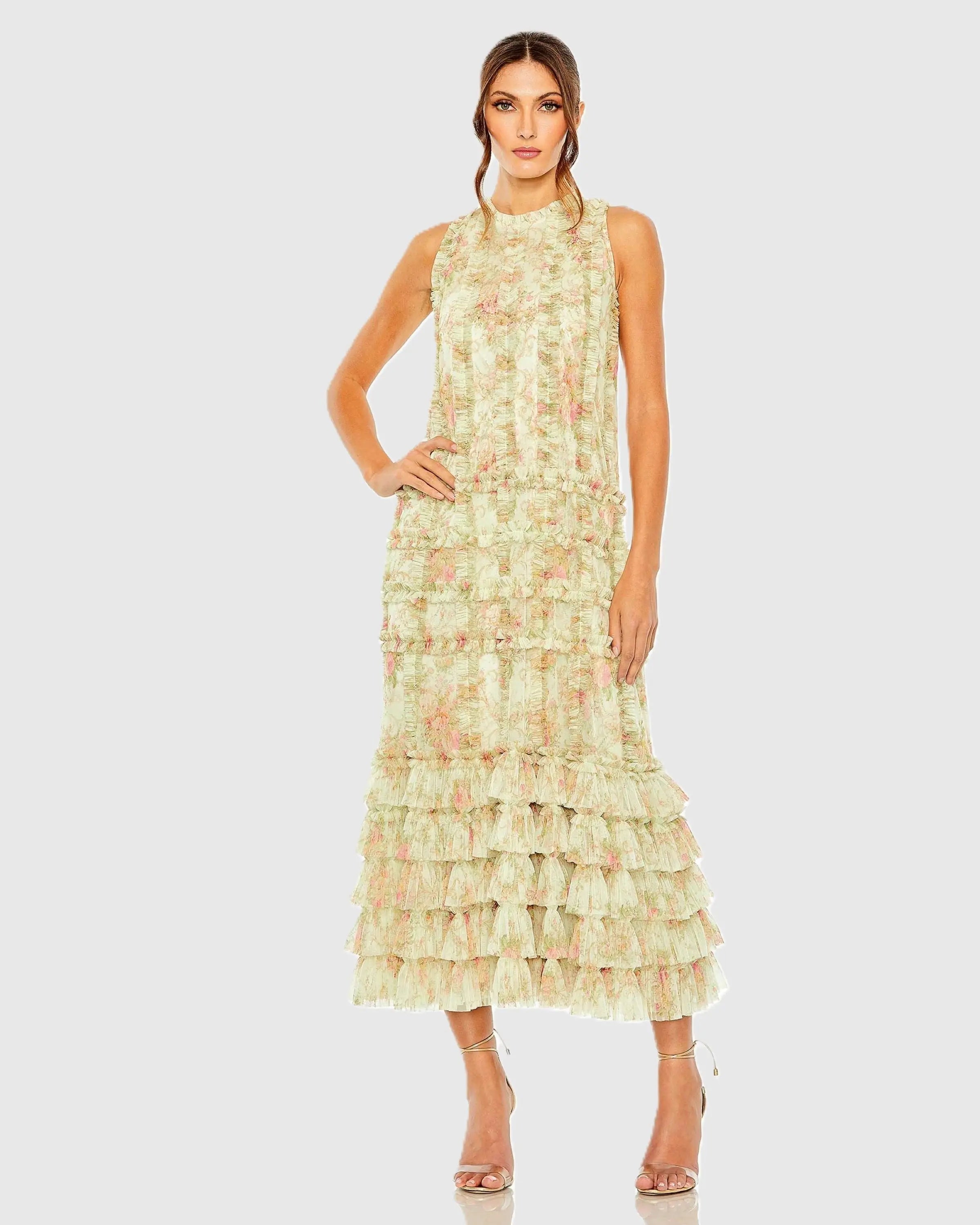 Green Tiered Ruffle Sleeveless Midi Dress-Myartka