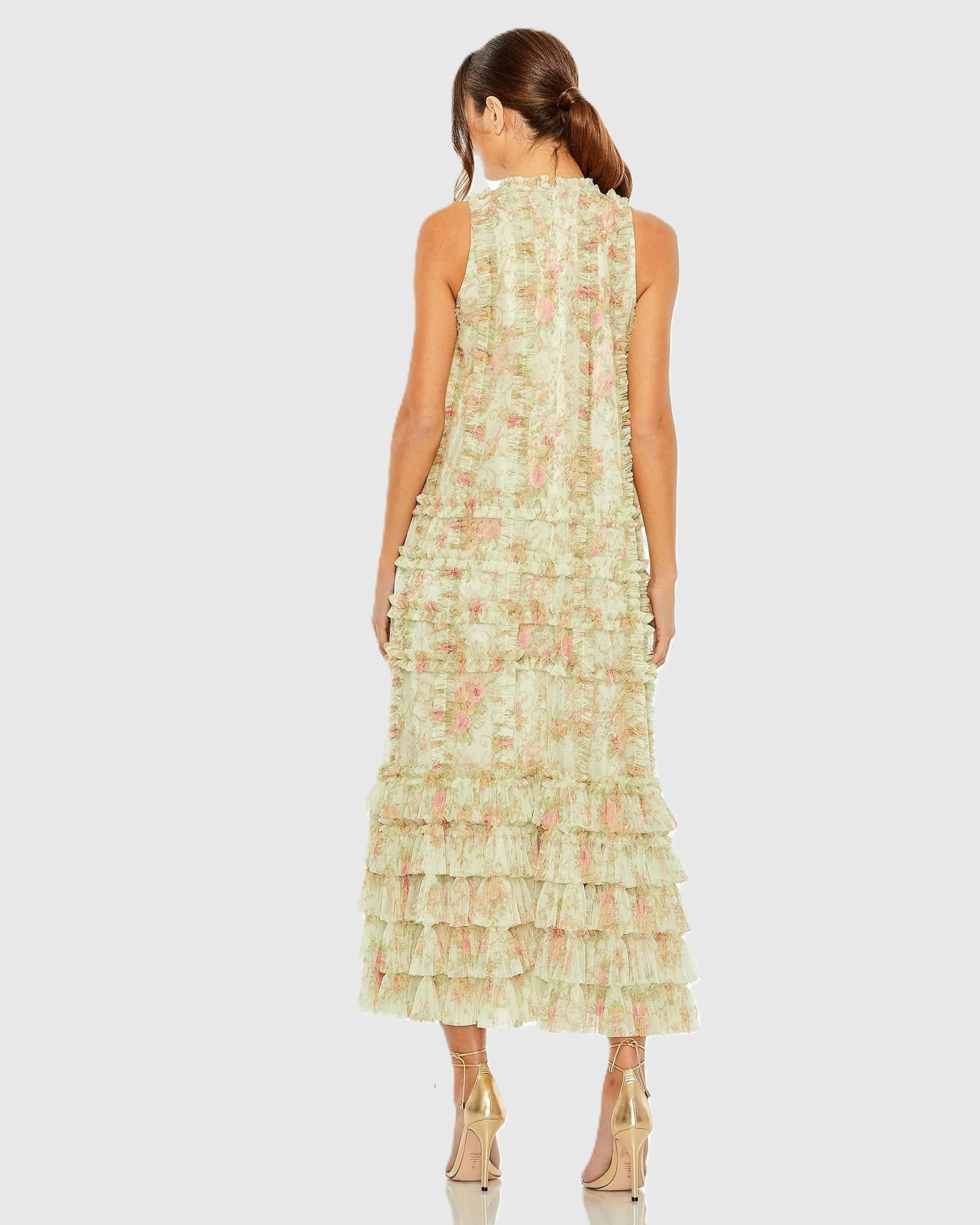Green Tiered Ruffle Sleeveless Midi Dress-Myartka
