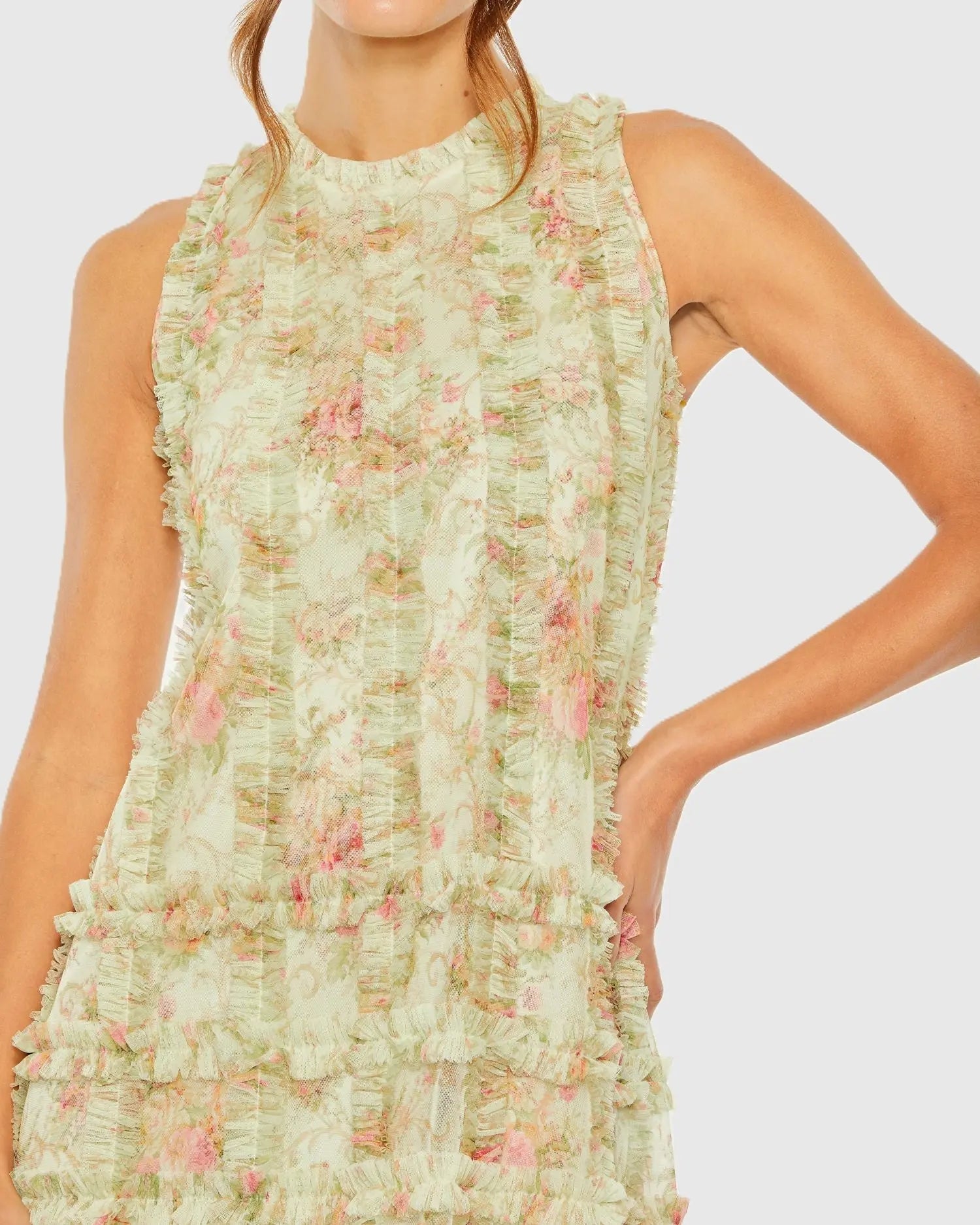 Green Tiered Ruffle Sleeveless Midi Dress-Myartka