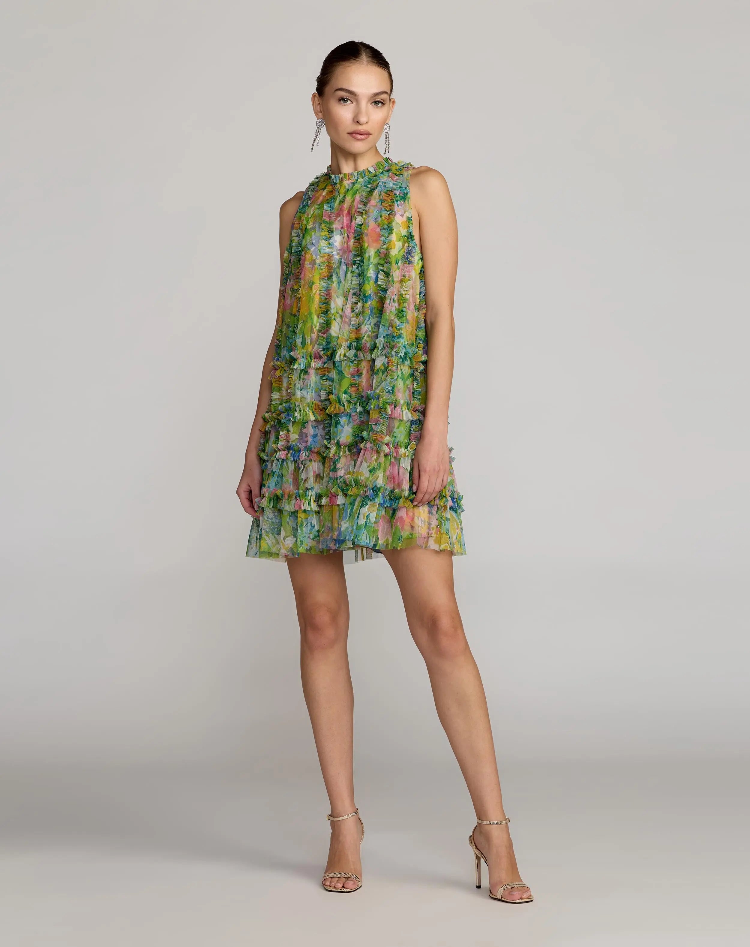 Green Printed Sleeveless High Neck Ruffle Mini Dress-Myartka