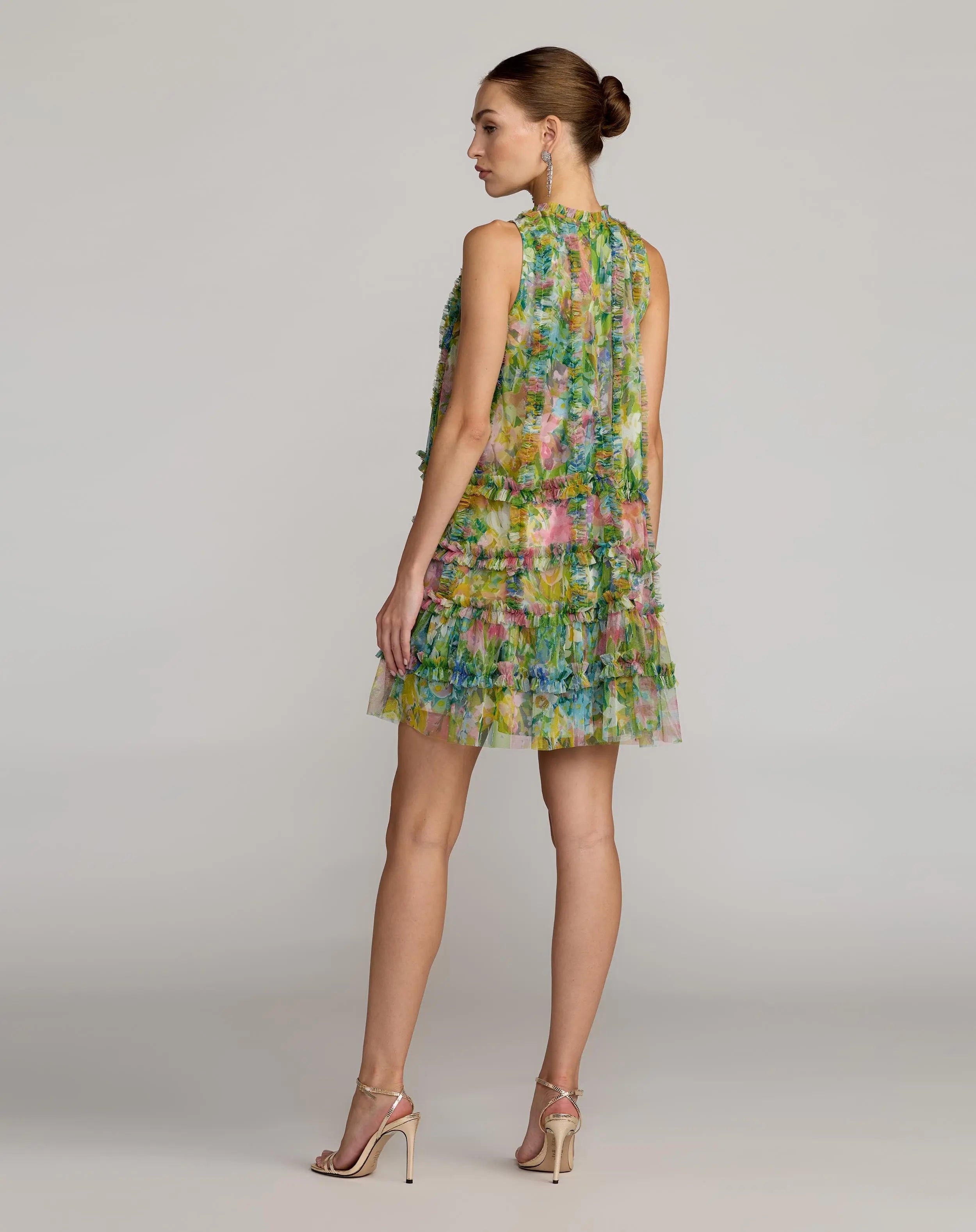 Green Printed Sleeveless High Neck Ruffle Mini Dress-Myartka