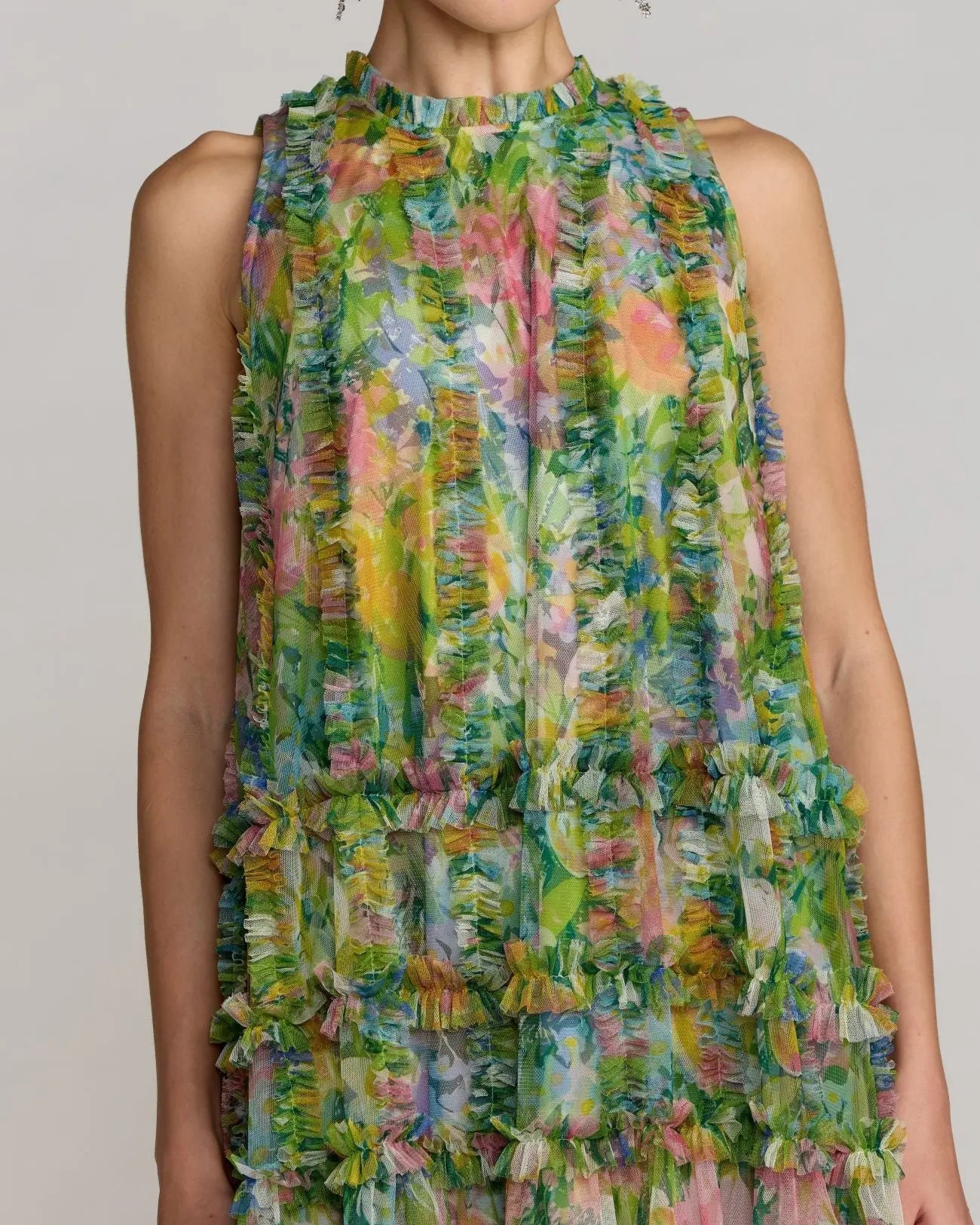 Green Printed Sleeveless High Neck Ruffle Mini Dress-Myartka