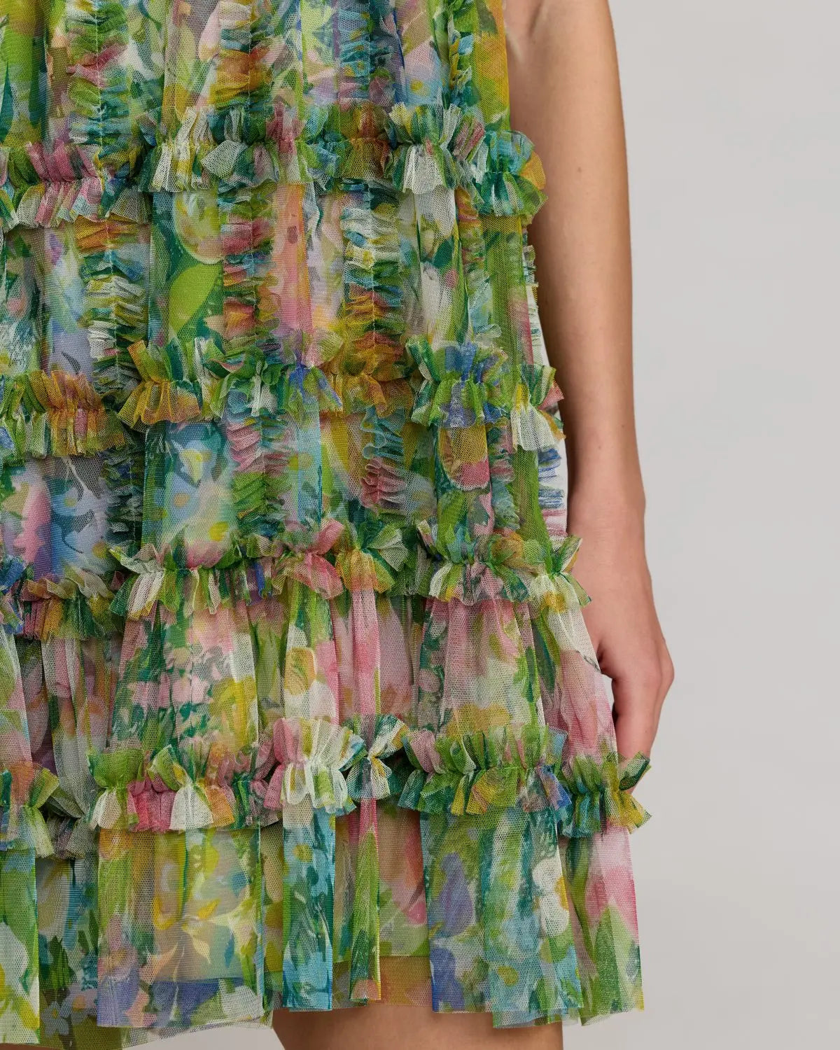 Green Printed Sleeveless High Neck Ruffle Mini Dress-Myartka