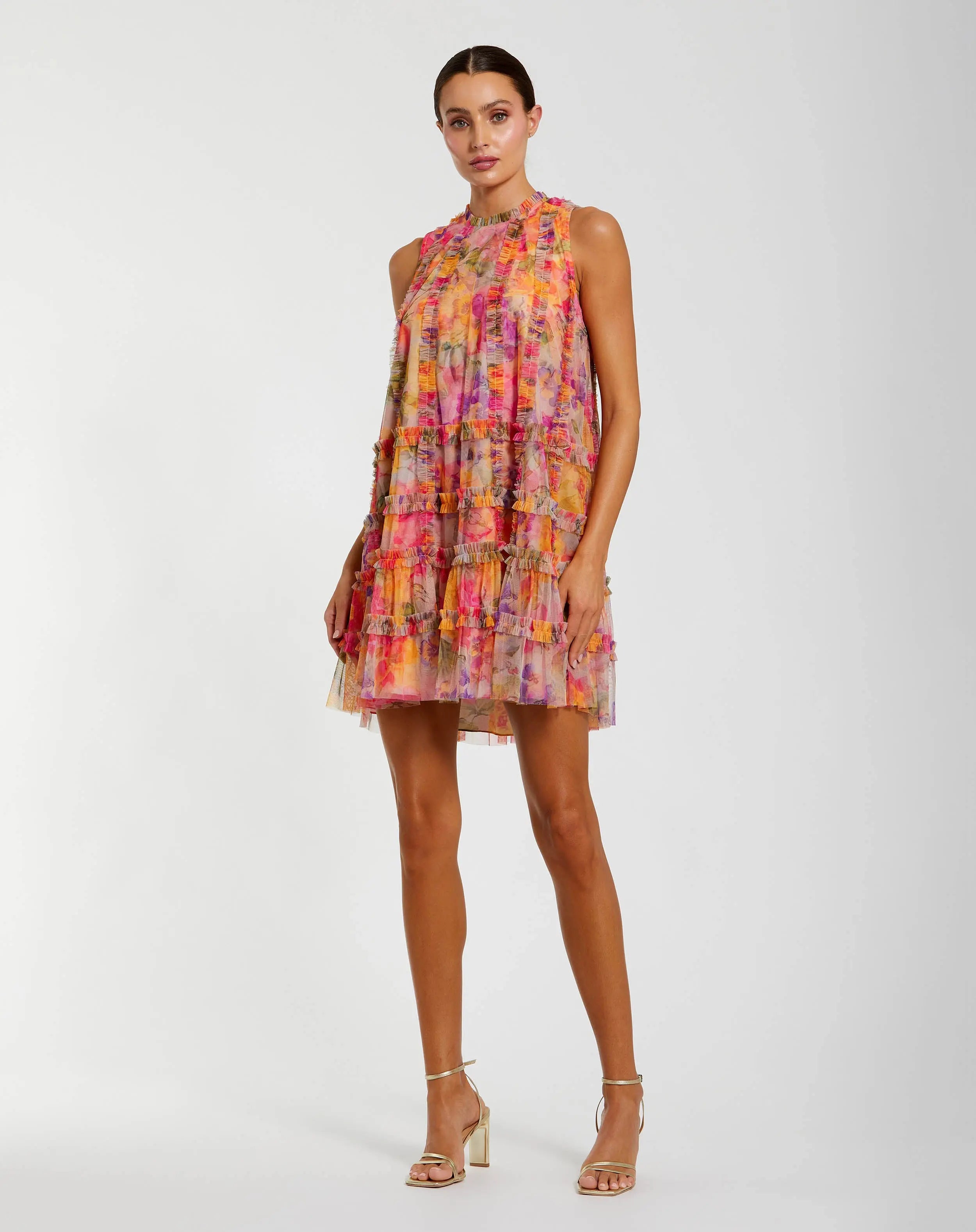 Multicolor Printed Sleeveless High Neck Ruffle Mini Dress-Myartka