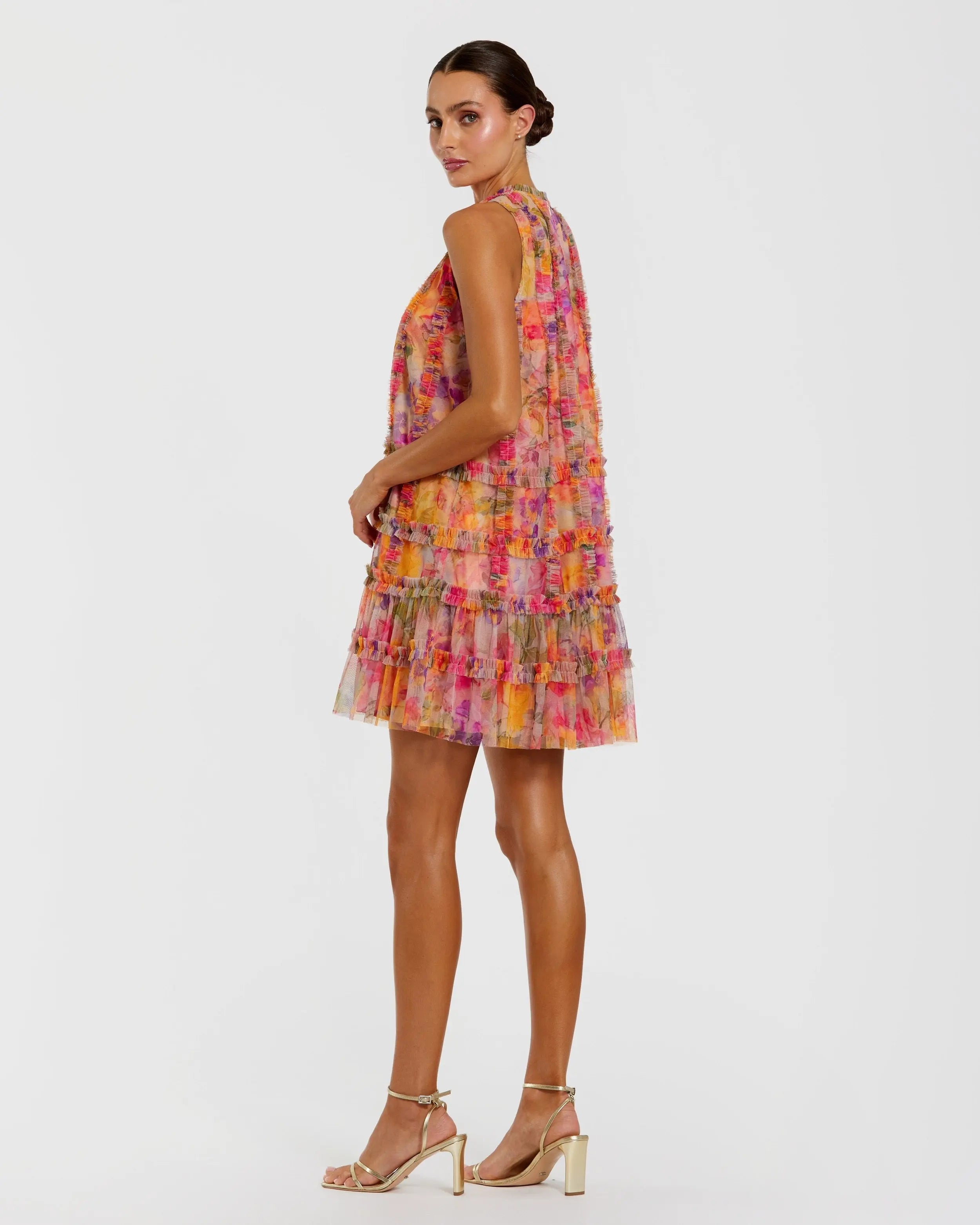 Multicolor Printed Sleeveless High Neck Ruffle Mini Dress-Myartka