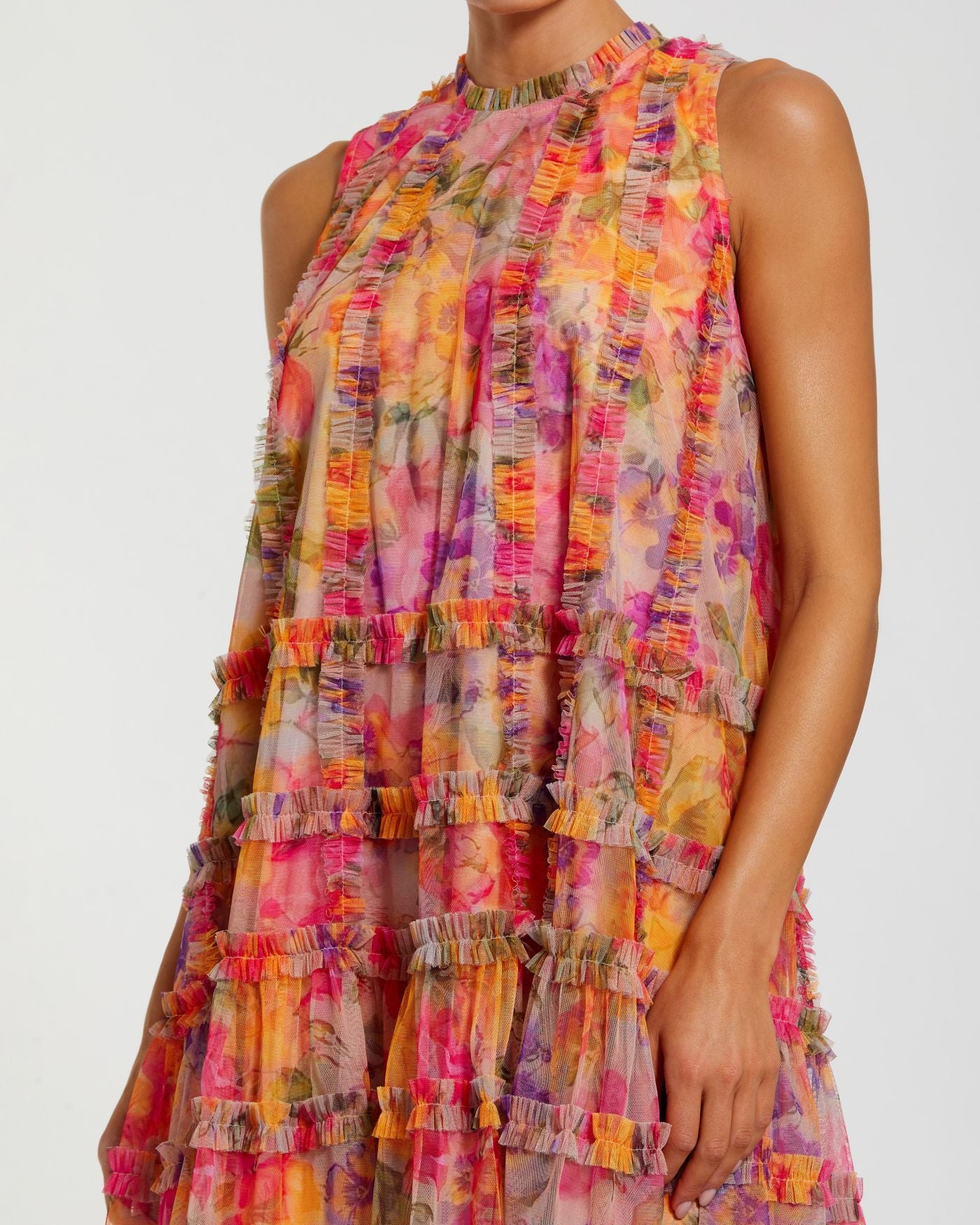 Multicolor Printed Sleeveless High Neck Ruffle Mini Dress-Myartka