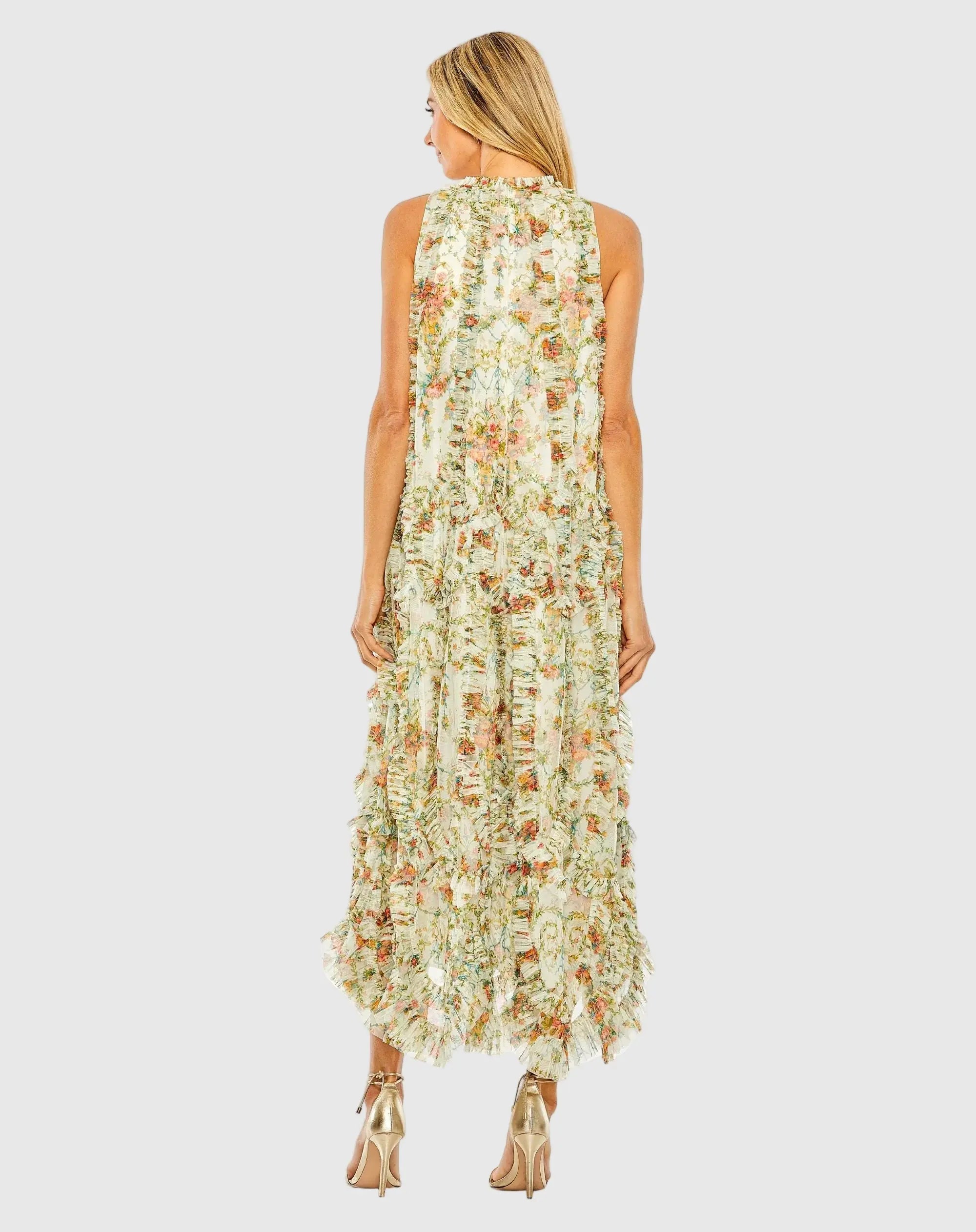 Ivory Sleeveless High Neck Ruffle Floral Dress-Myartka