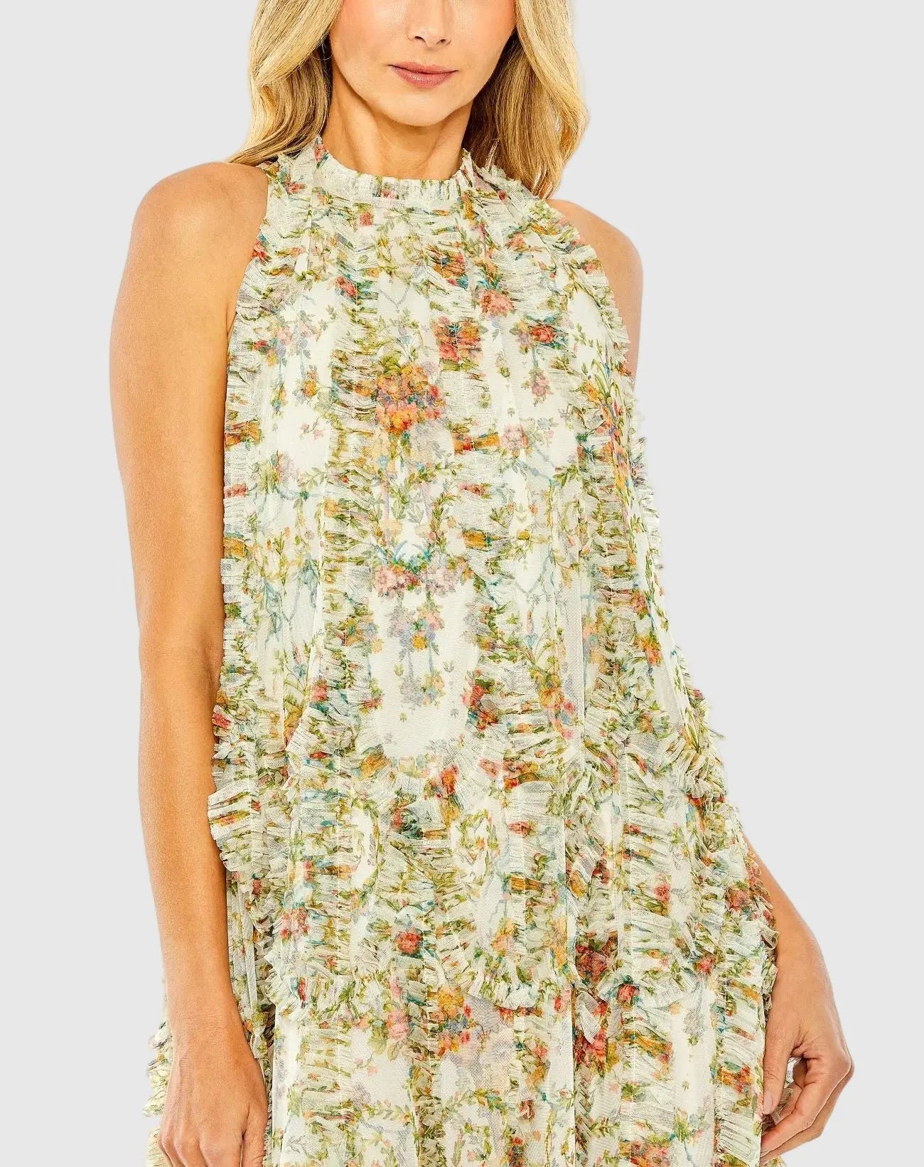 Ivory Sleeveless High Neck Ruffle Floral Dress-Myartka