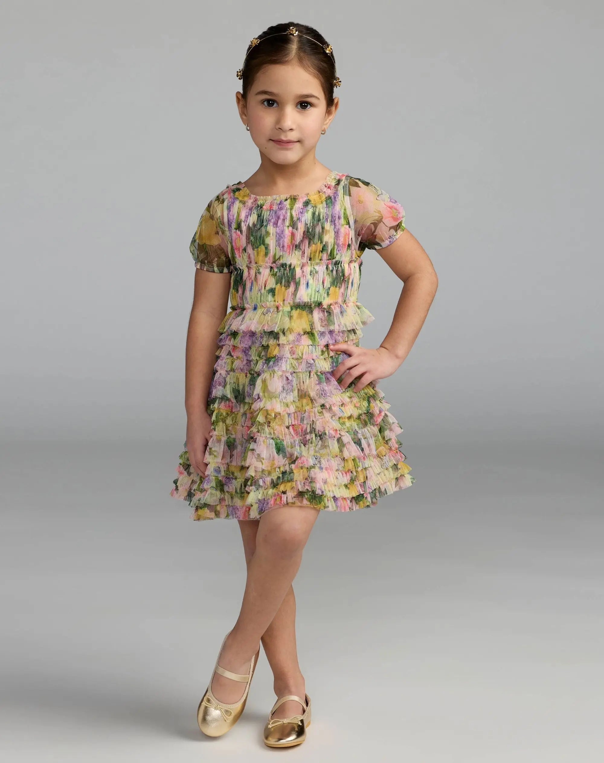 Girls Multicolor Floral Scoop Neck Ruffle Dress-Myartka