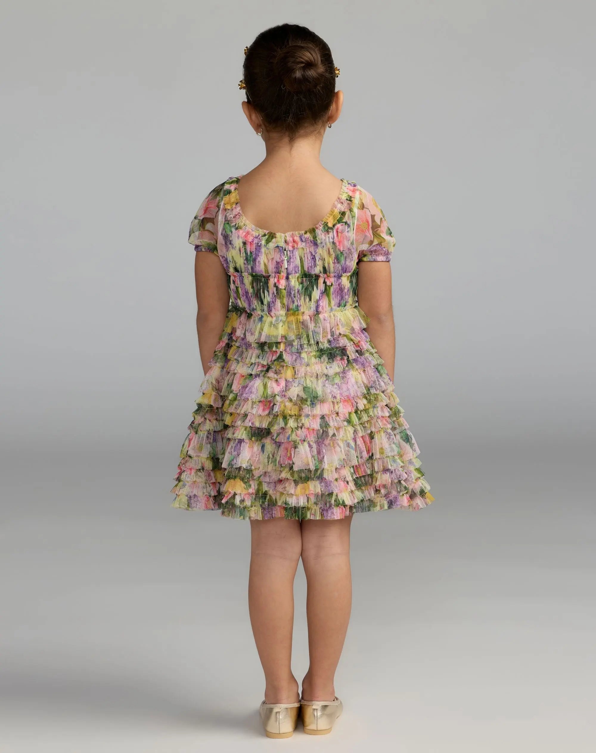 Girls Multicolor Floral Scoop Neck Ruffle Dress-Myartka