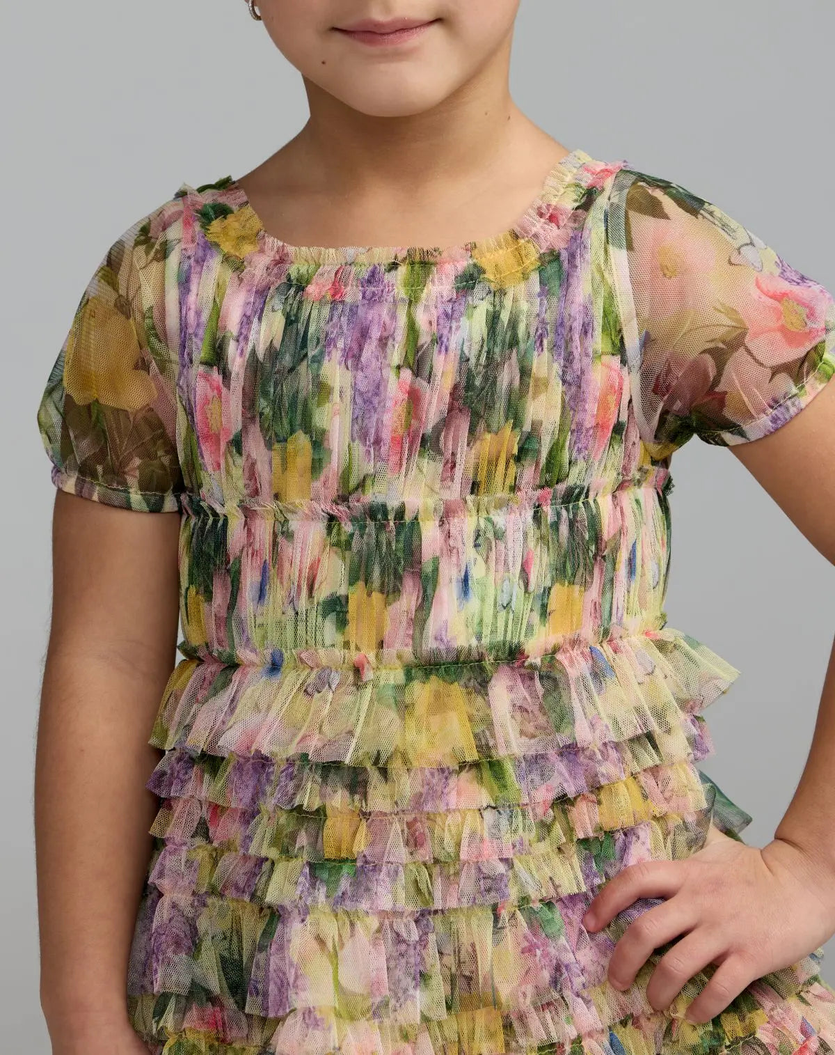 Girls Multicolor Floral Scoop Neck Ruffle Dress-Myartka