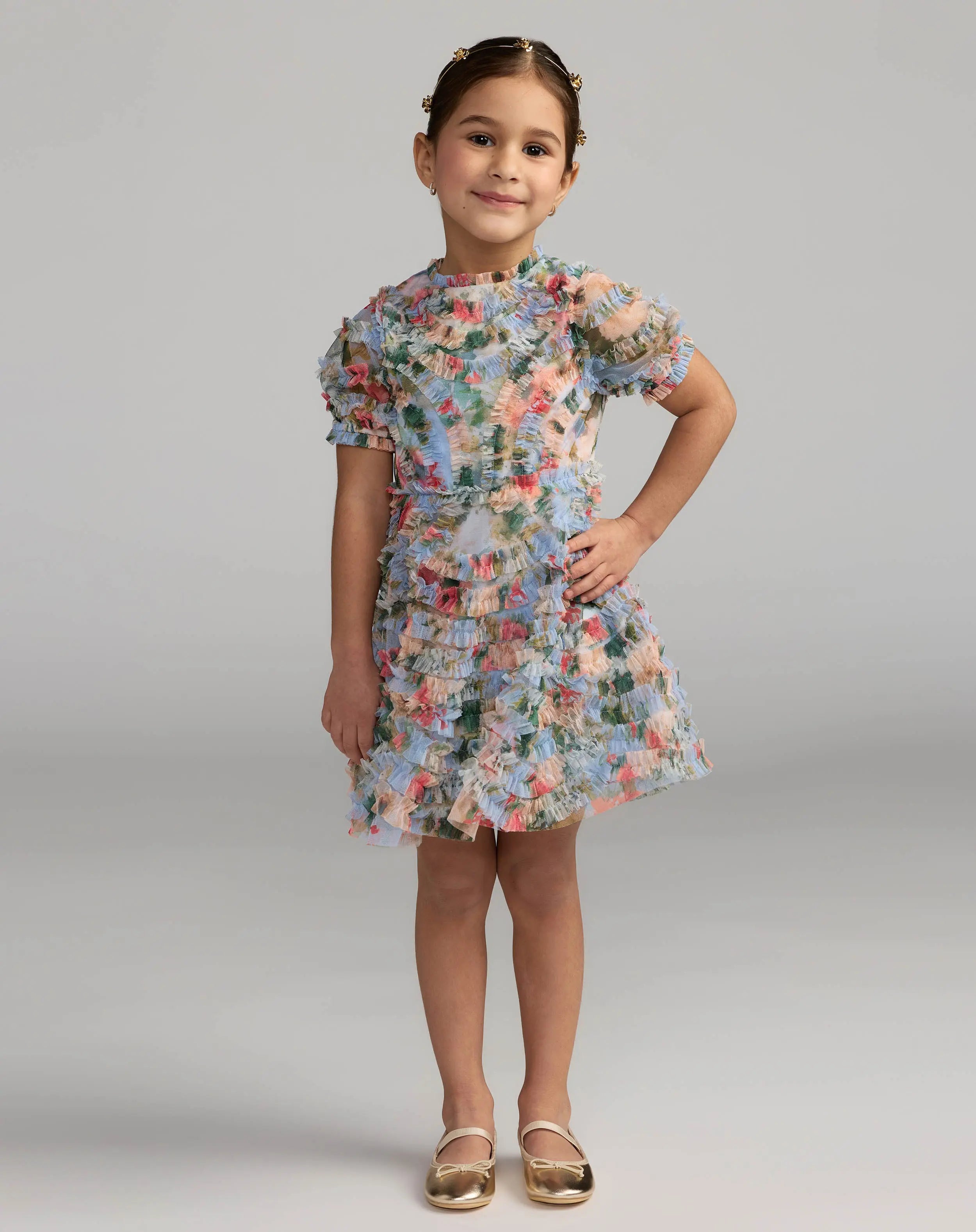 Girls Blue Floral Ruffle Puff Sleeve Dress-Myartka