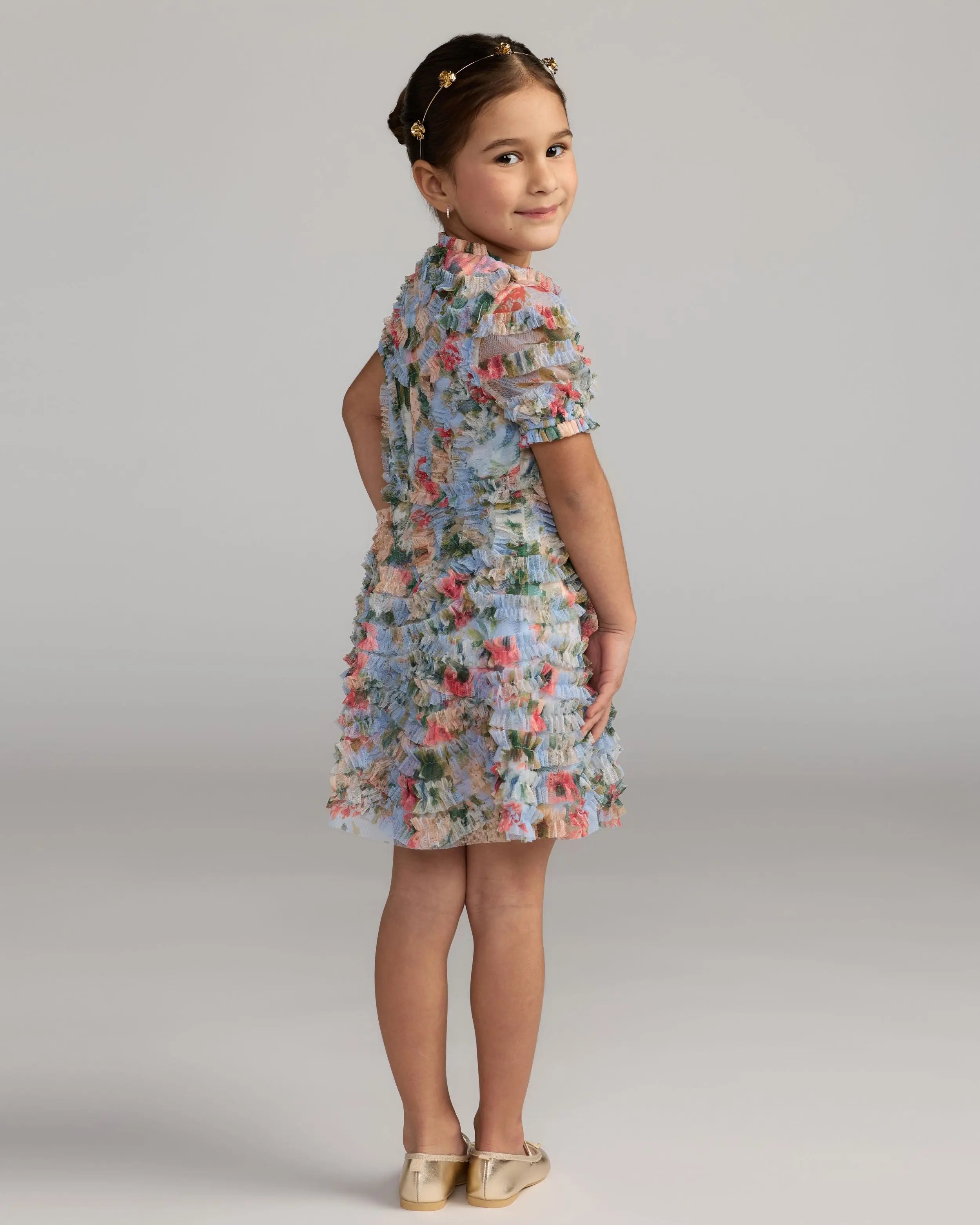 Girls Blue Floral Ruffle Puff Sleeve Dress-Myartka