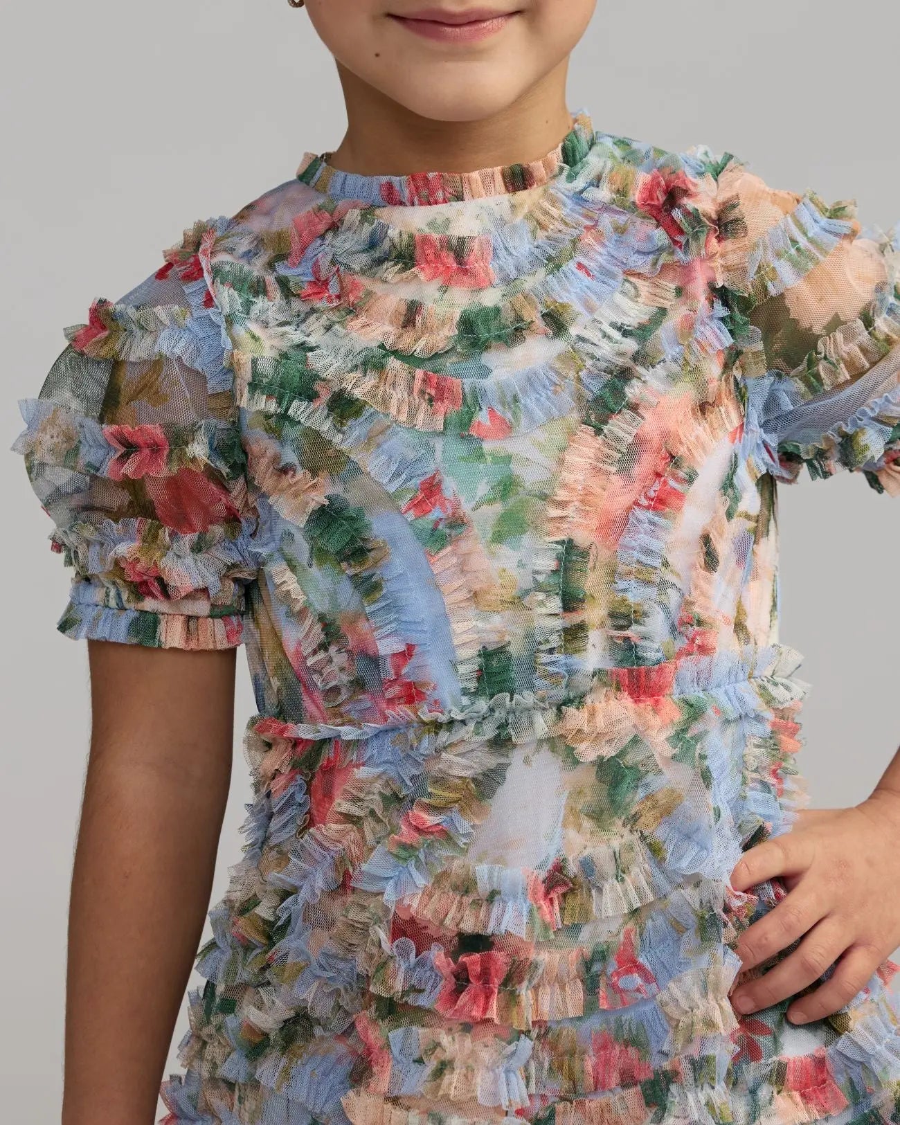 Girls Blue Floral Ruffle Puff Sleeve Dress-Myartka