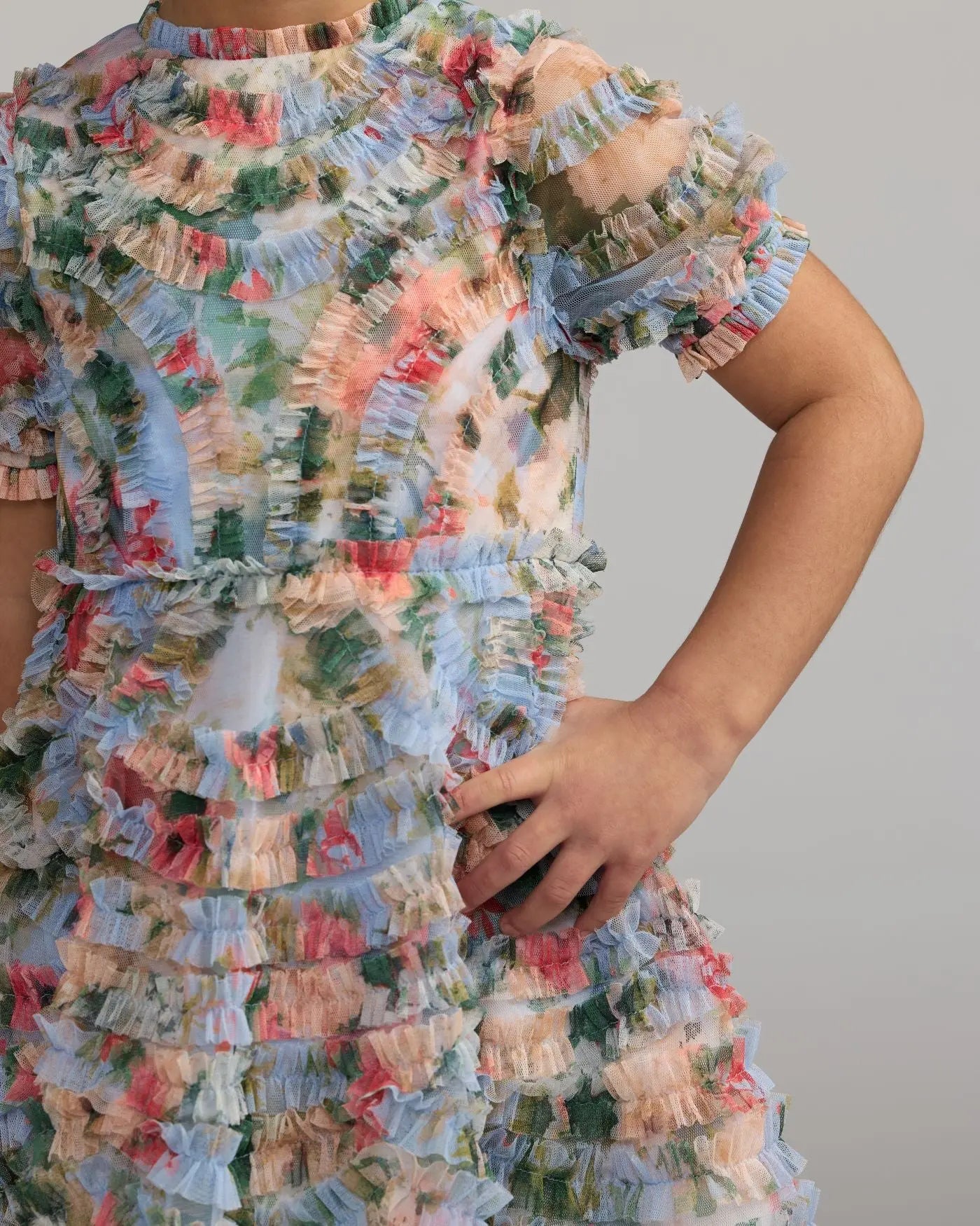 Girls Blue Floral Ruffle Puff Sleeve Dress-Myartka