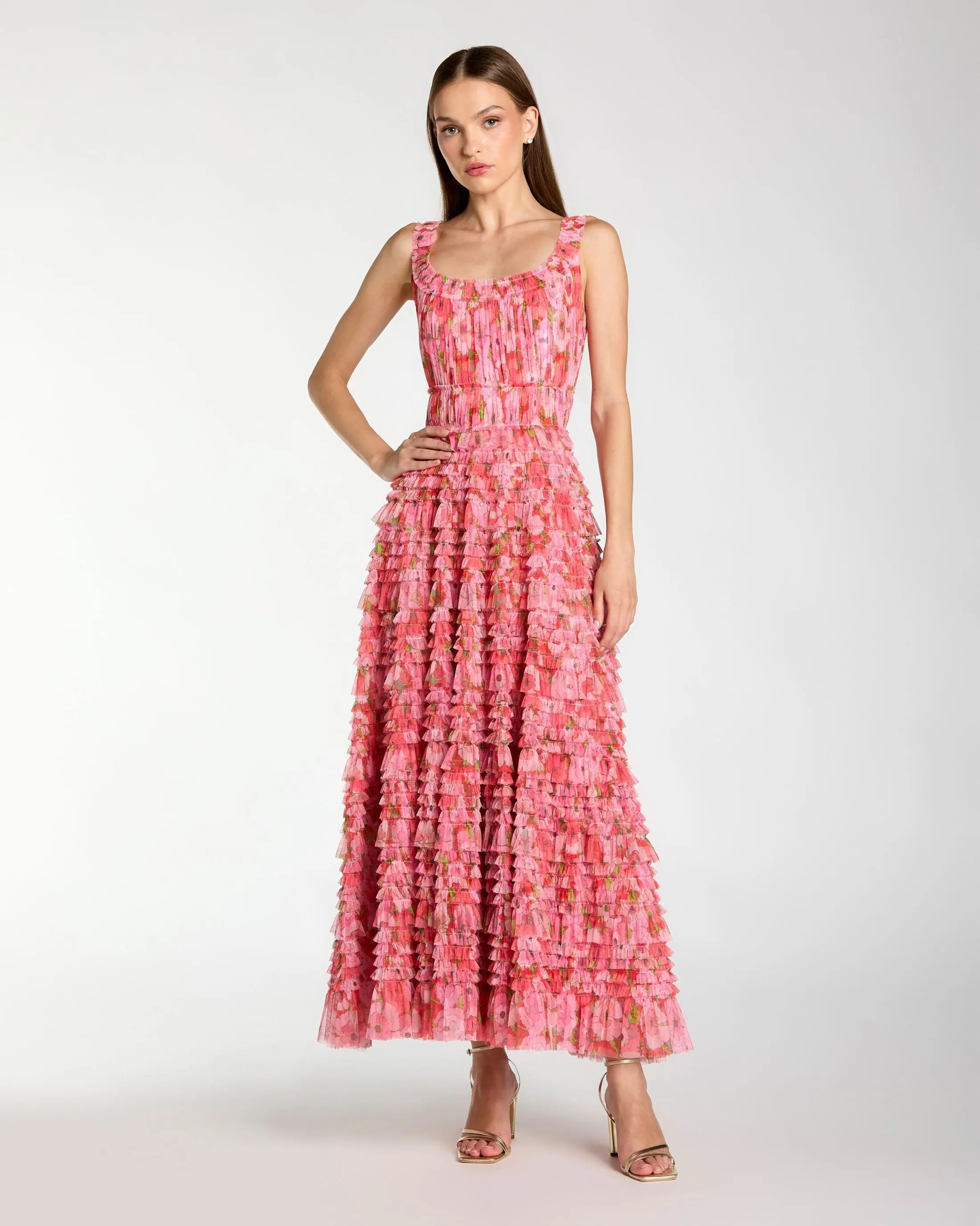 Pink Multicolor Floral Printed Ruffle Maxi Dress-Myartka