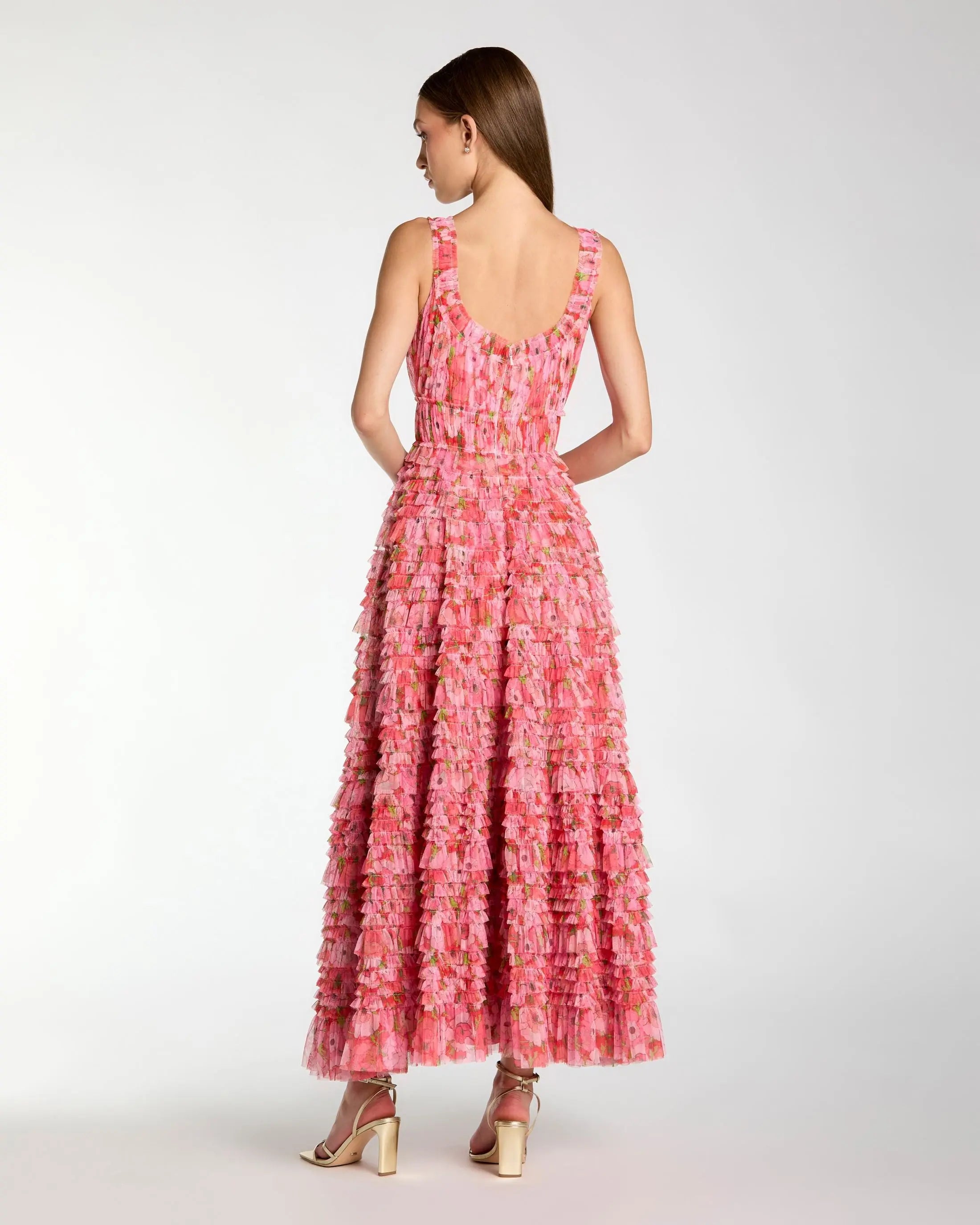 Pink Multicolor Floral Printed Ruffle Maxi Dress-Myartka