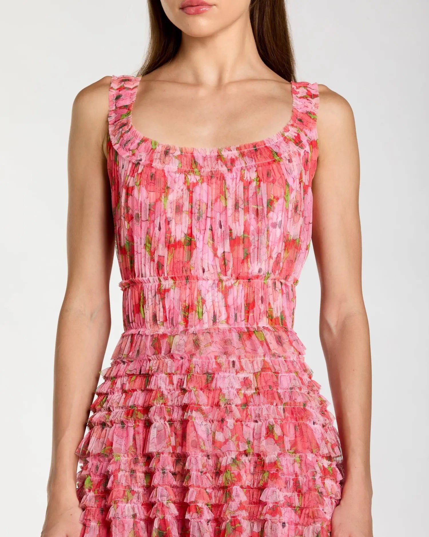 Pink Multicolor Floral Printed Ruffle Maxi Dress-Myartka