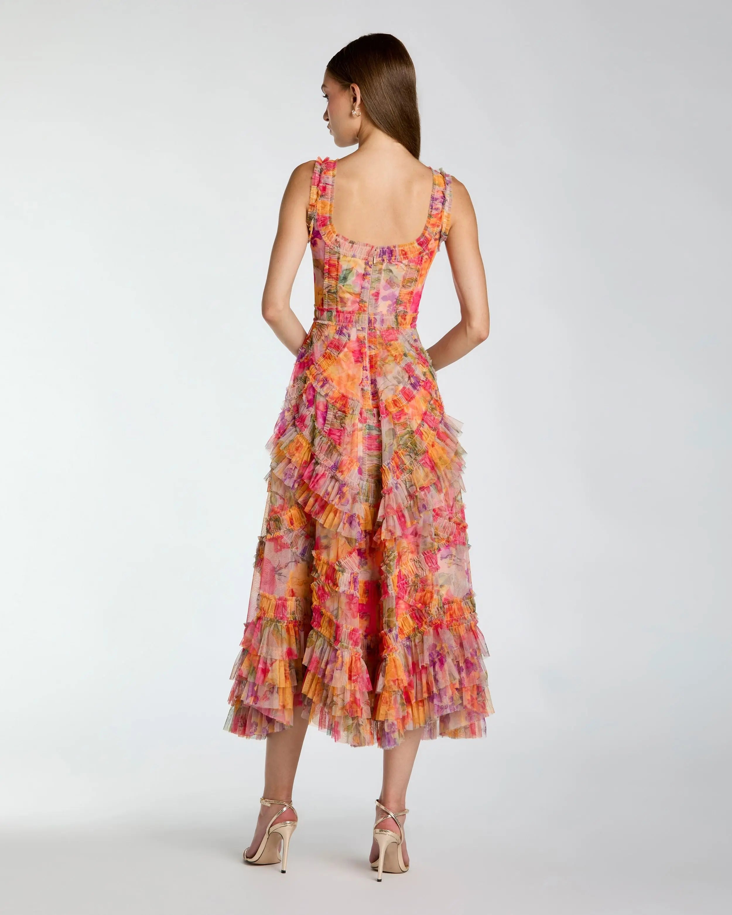 Multicolor Floral Scoop Neck A-Line Ruffle Midi Dress-Myartka