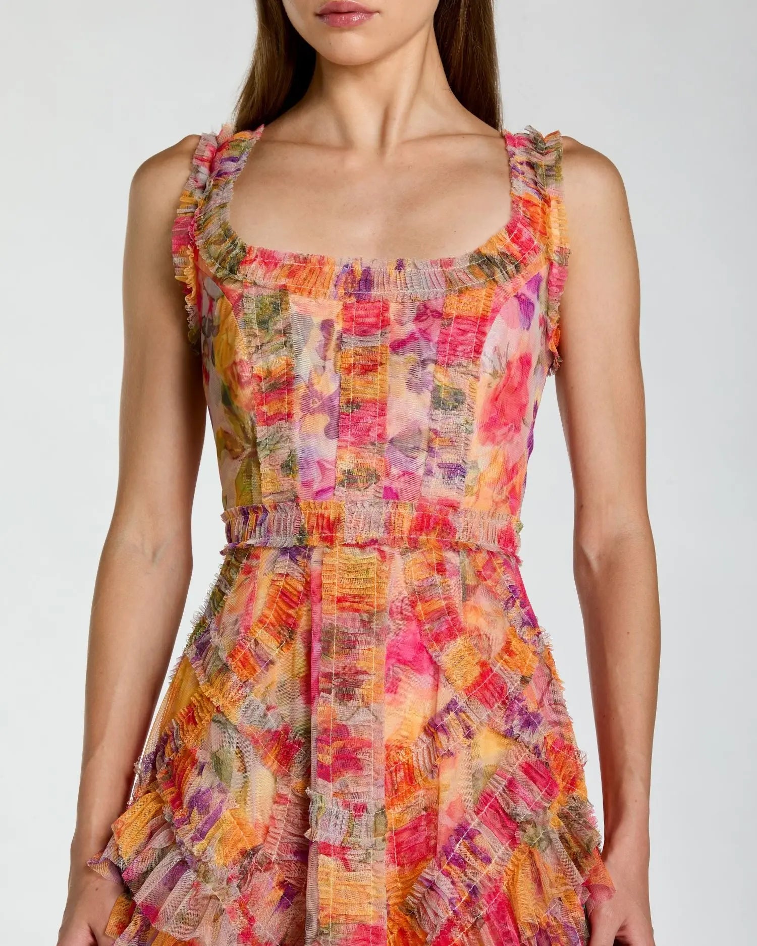 Multicolor Floral Scoop Neck A-Line Ruffle Midi Dress-Myartka