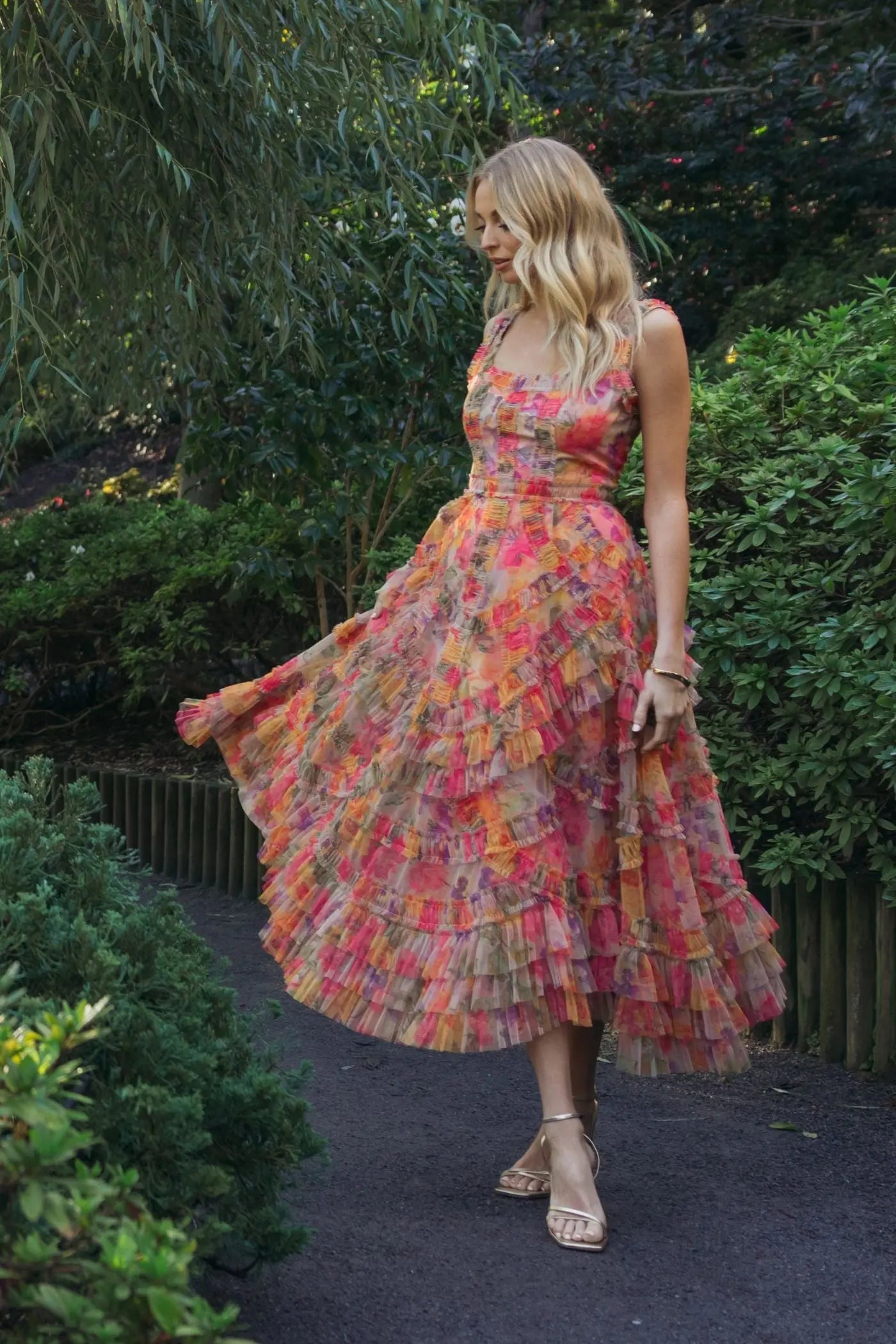 Multicolor Floral Scoop Neck A-Line Ruffle Midi Dress-Myartka