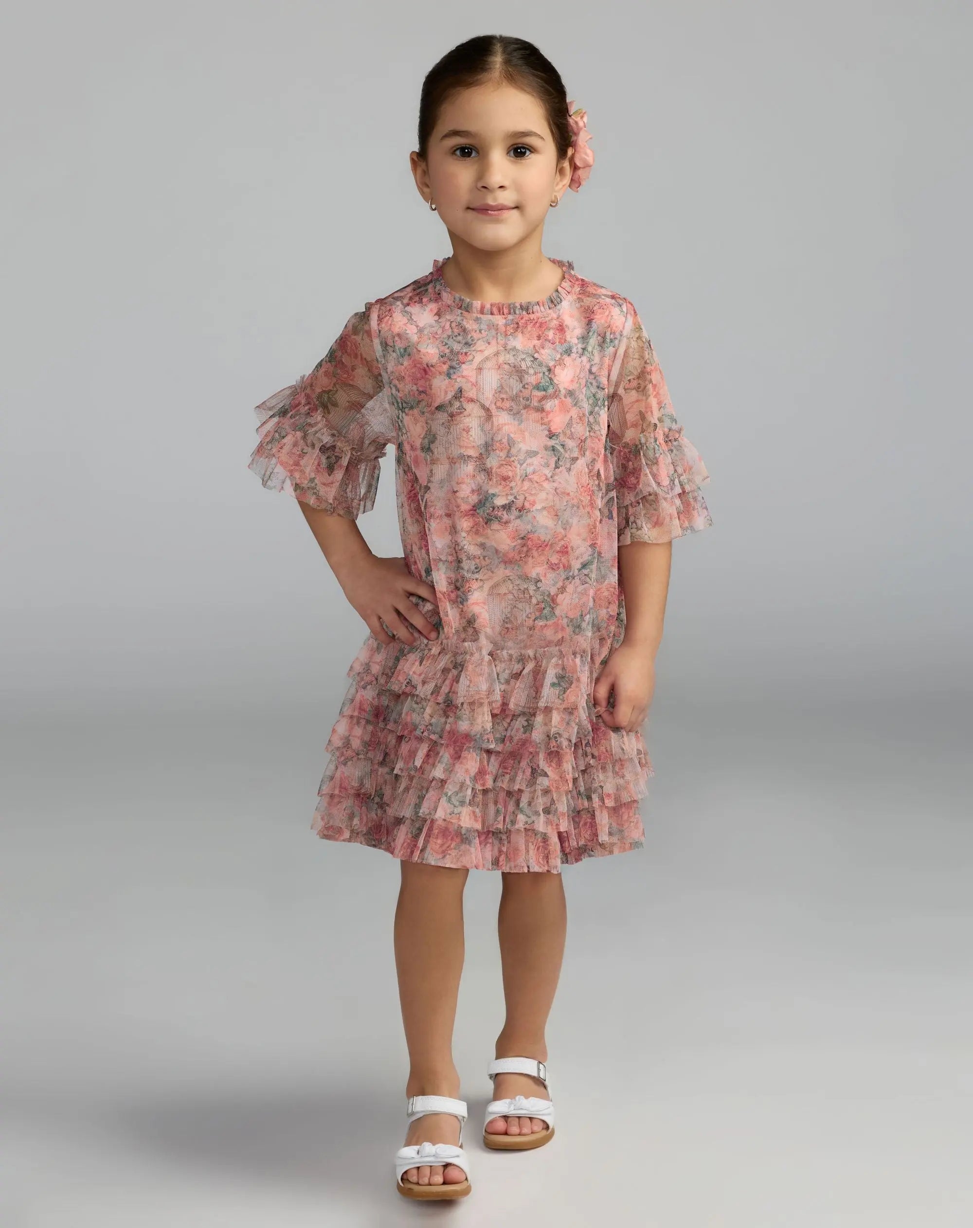Girls Pink Floral Printed Short Sleeve Ruffle Dress-Myartka