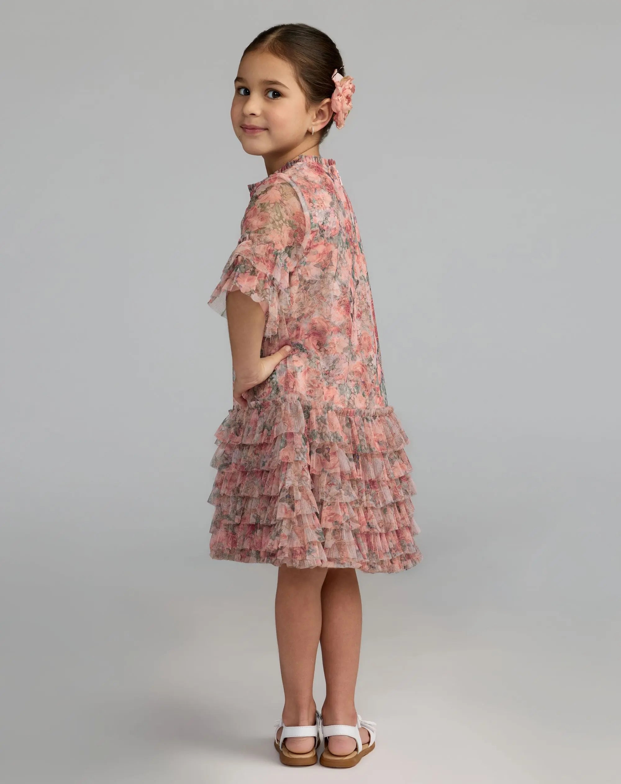 Girls Pink Floral Printed Short Sleeve Ruffle Dress-Myartka