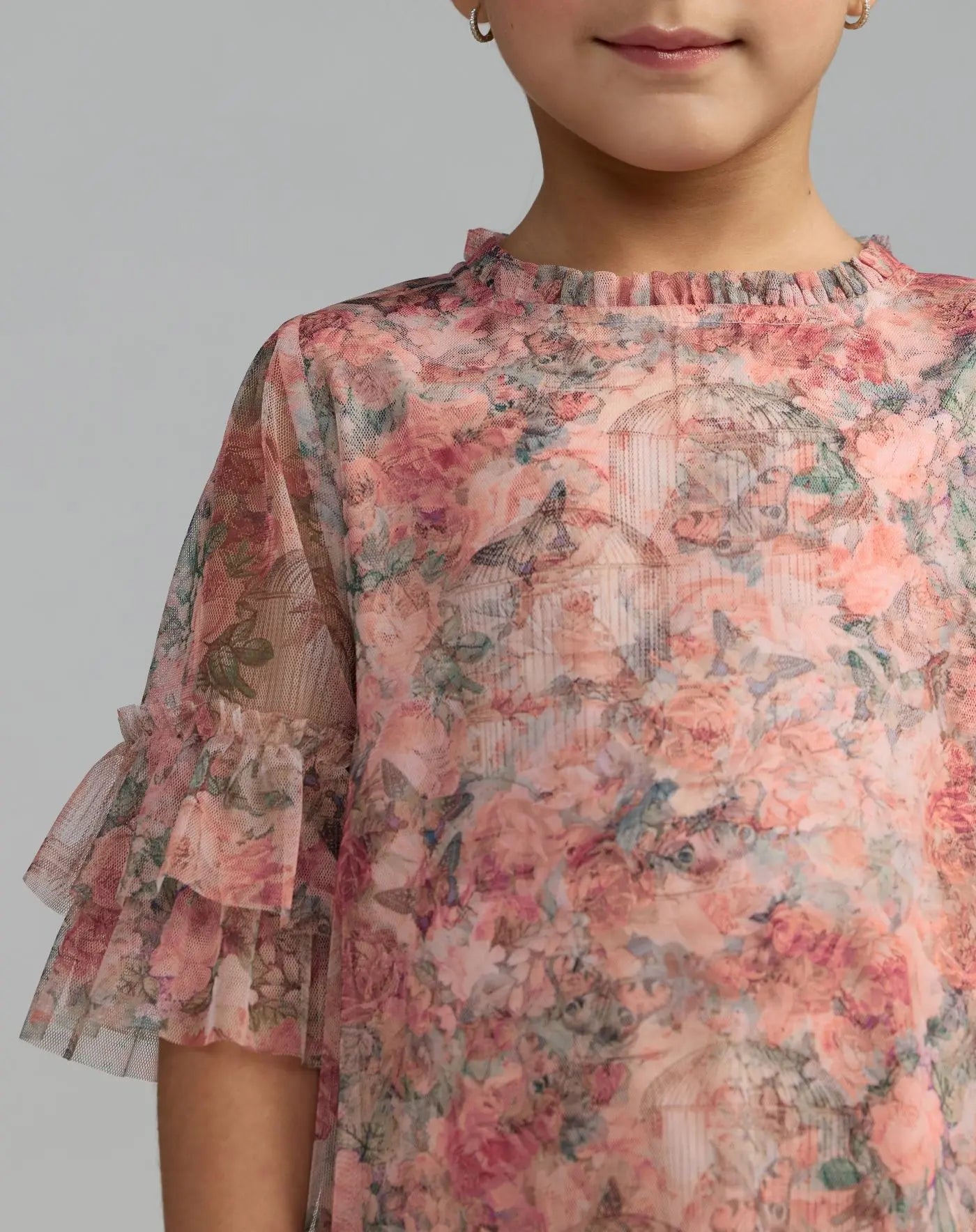 Girls Pink Floral Printed Short Sleeve Ruffle Dress-Myartka