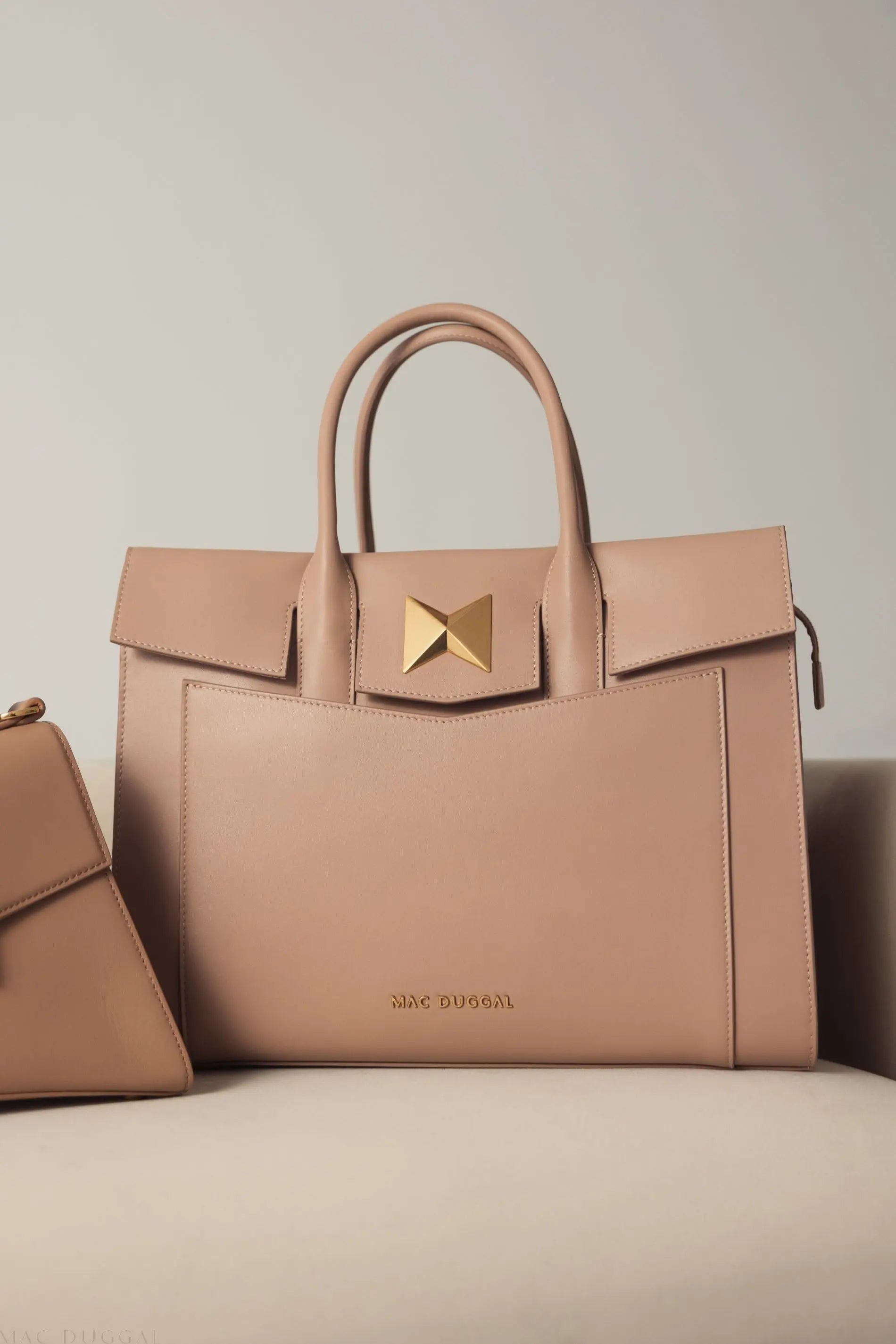 Beige Large Leather Briefcase Bag With Gold Hardware-Myartka