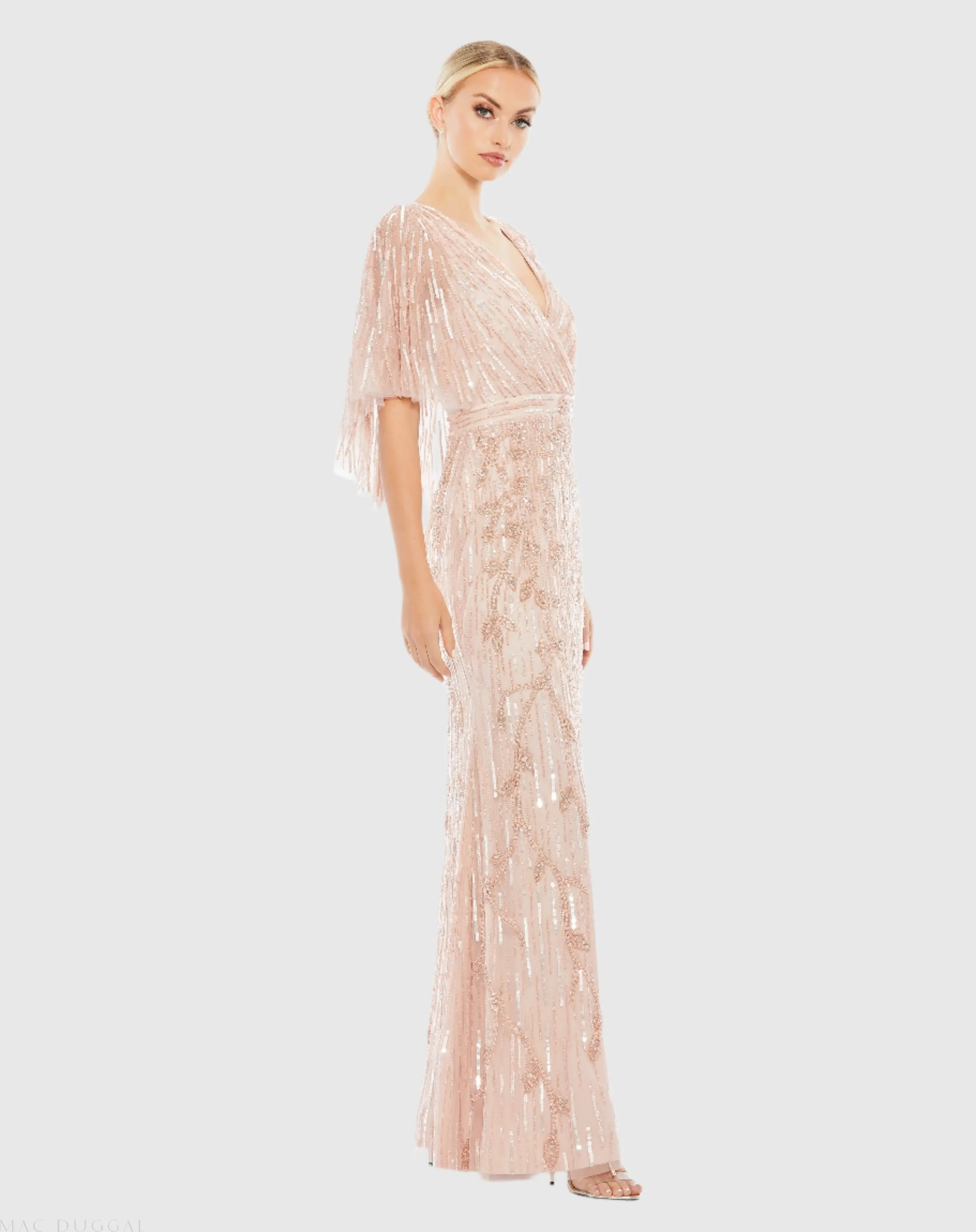 Pink Embellished Cap Sleeve Faux Wrap Trumpet Gown - FINAL SALE-Myartka