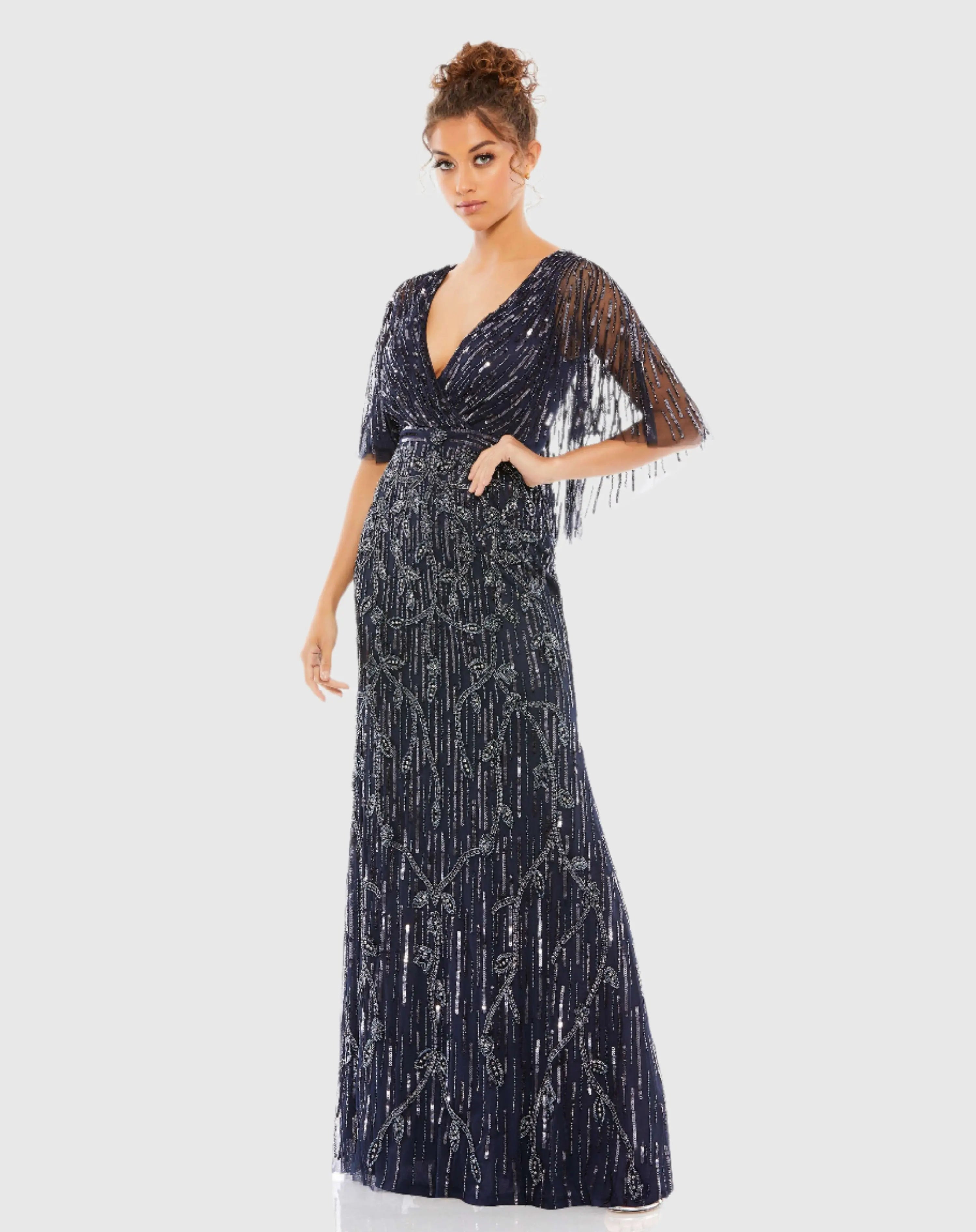 Embellished Cap Sleeve Faux Wrap Trumpet Gown-Myartka
