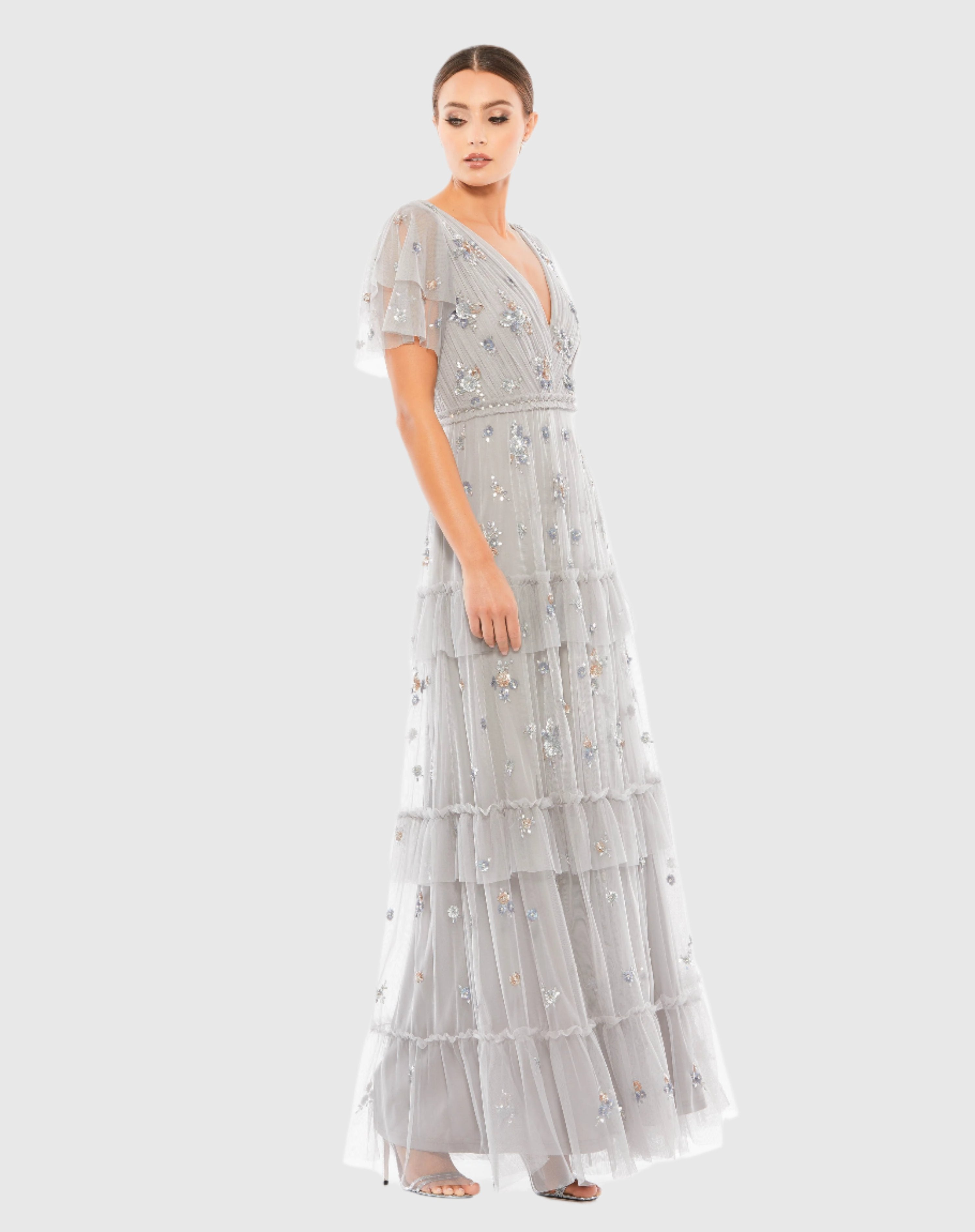 Gray Ruffle Tiered Embellished Flutter Sleeve Gown-Myartka