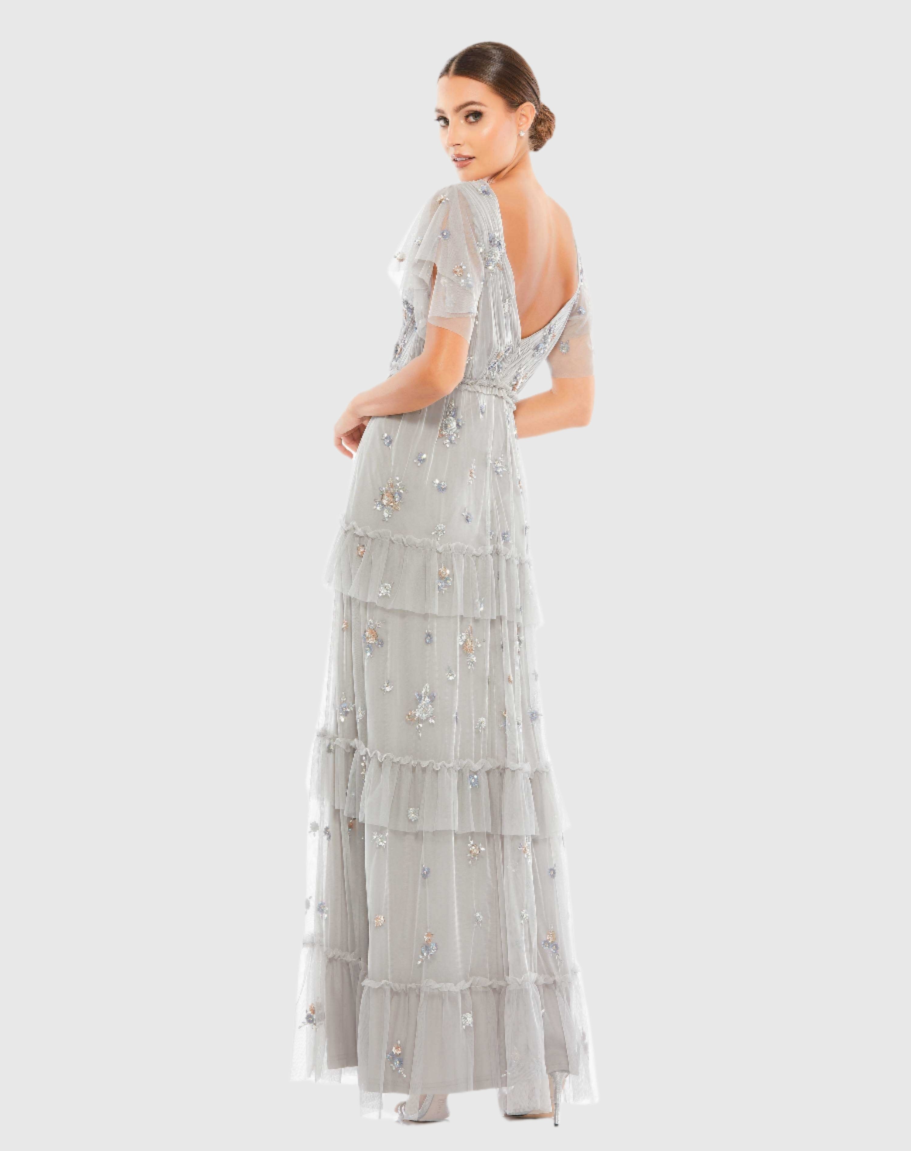 Gray Ruffle Tiered Embellished Flutter Sleeve Gown-Myartka