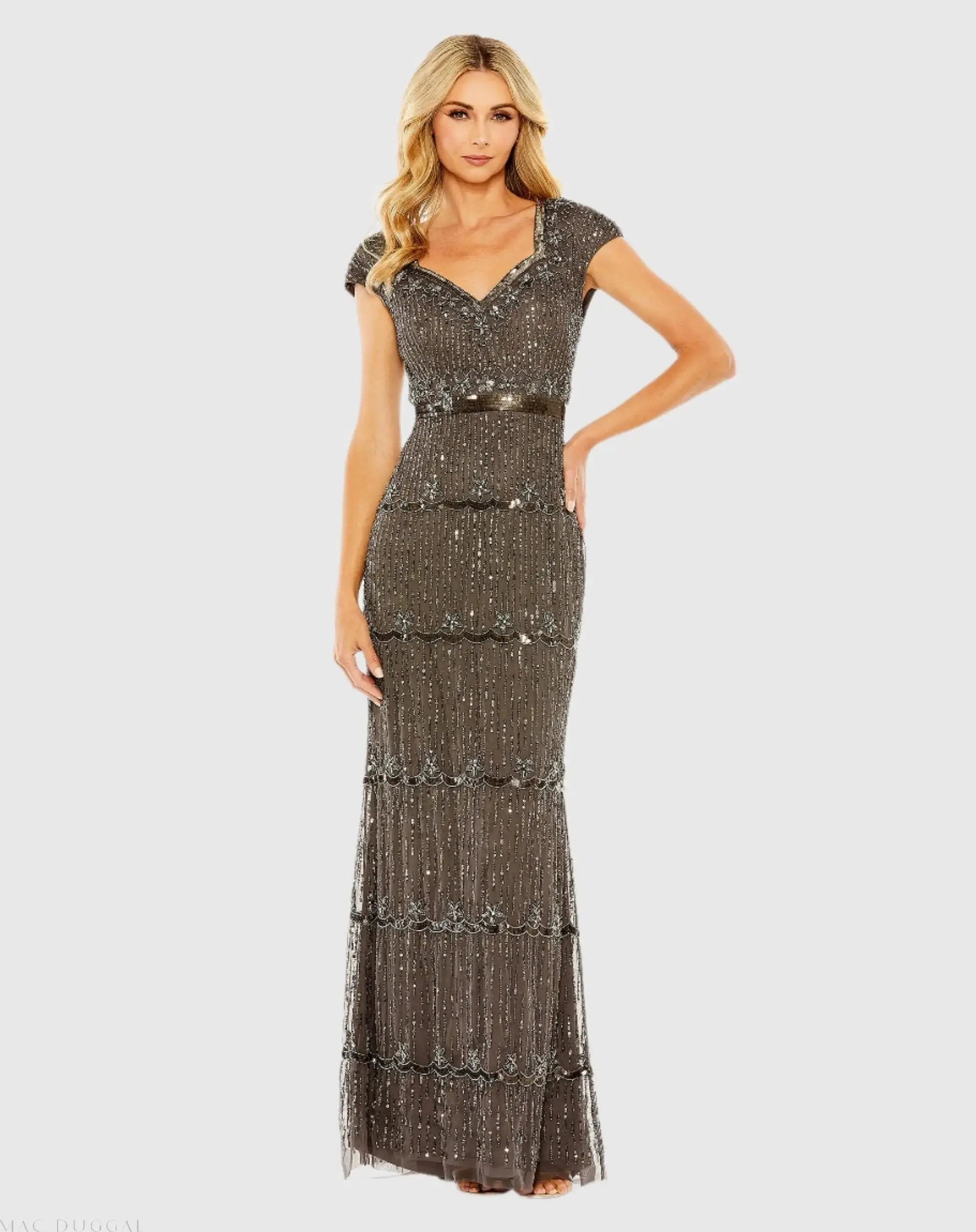 Brown Sequin Cap Sleeve Sweetheart Column Gown-Myartka