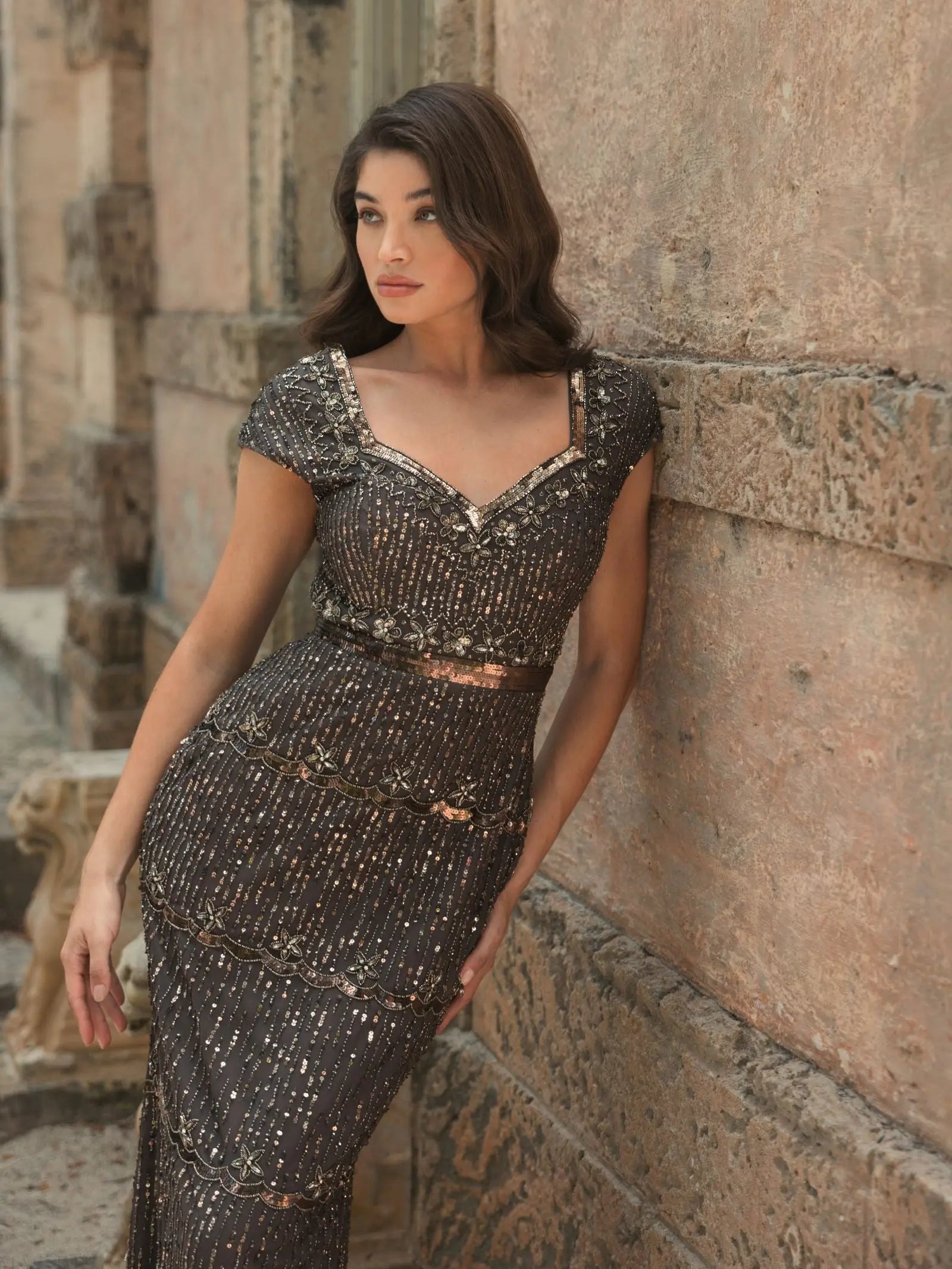 Brown Sequin Cap Sleeve Sweetheart Column Gown-Myartka