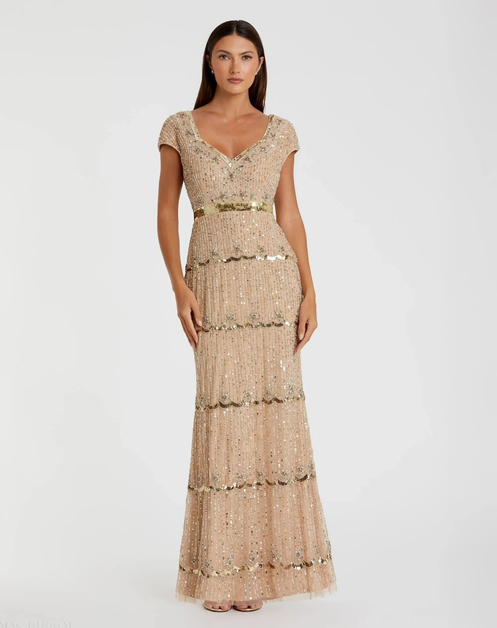Gold Sequin Cap Sleeve Sweetheart Column Gown-Myartka