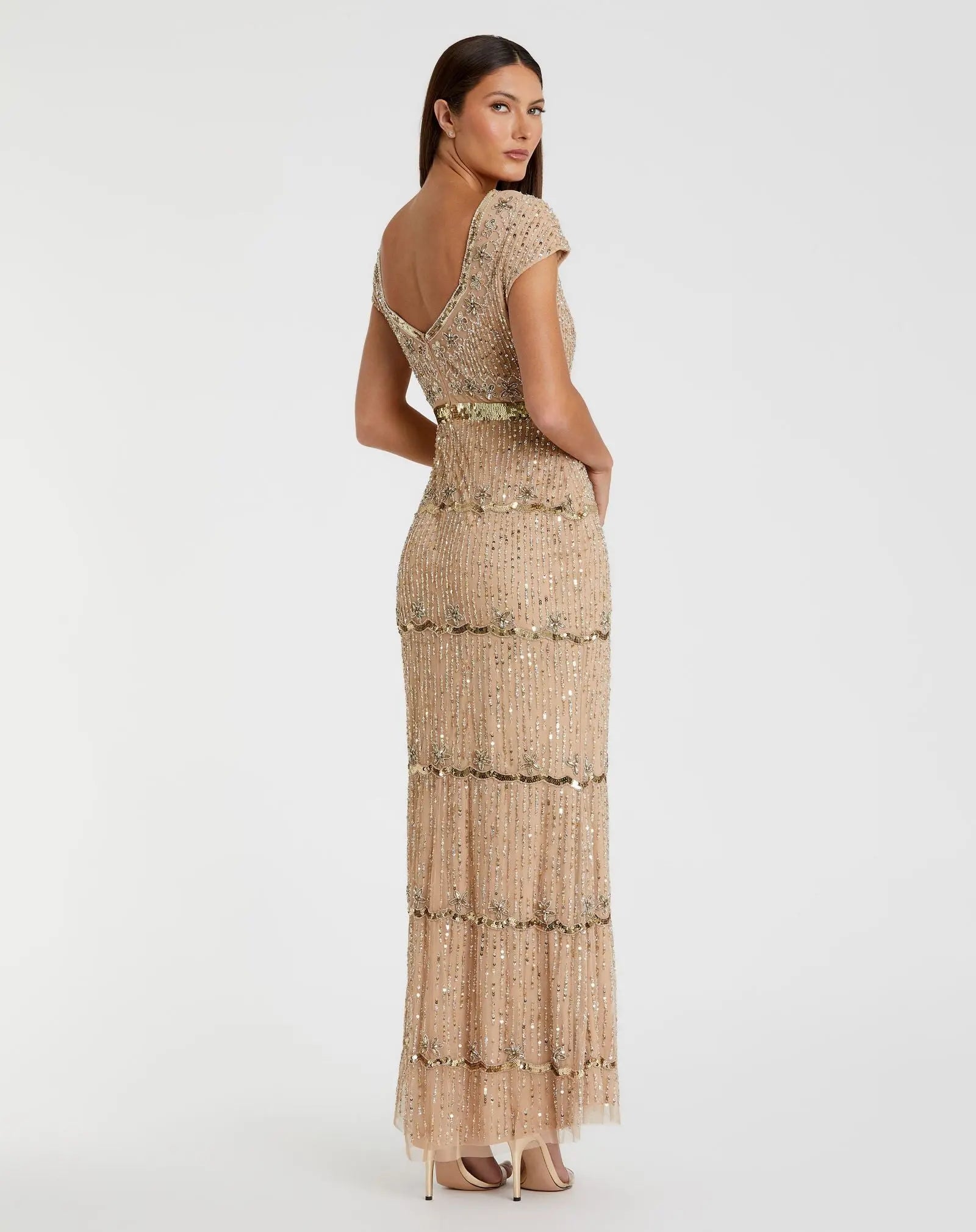 Gold Sequin Cap Sleeve Sweetheart Column Gown-Myartka