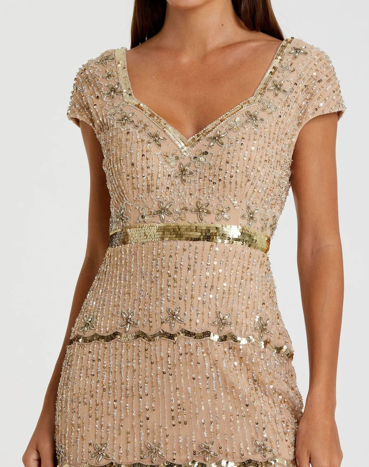 Gold Sequin Cap Sleeve Sweetheart Column Gown-Myartka