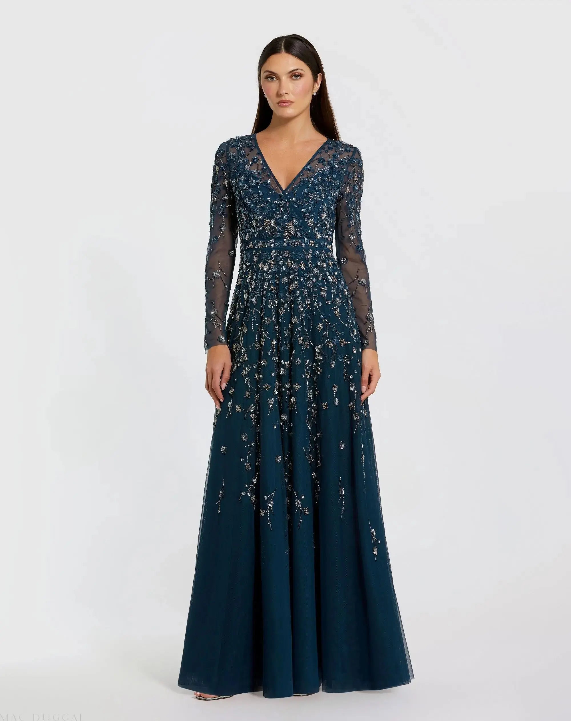 Navy Embellished Wrap Over Illusion Long Sleeve A Line Gown-Myartka
