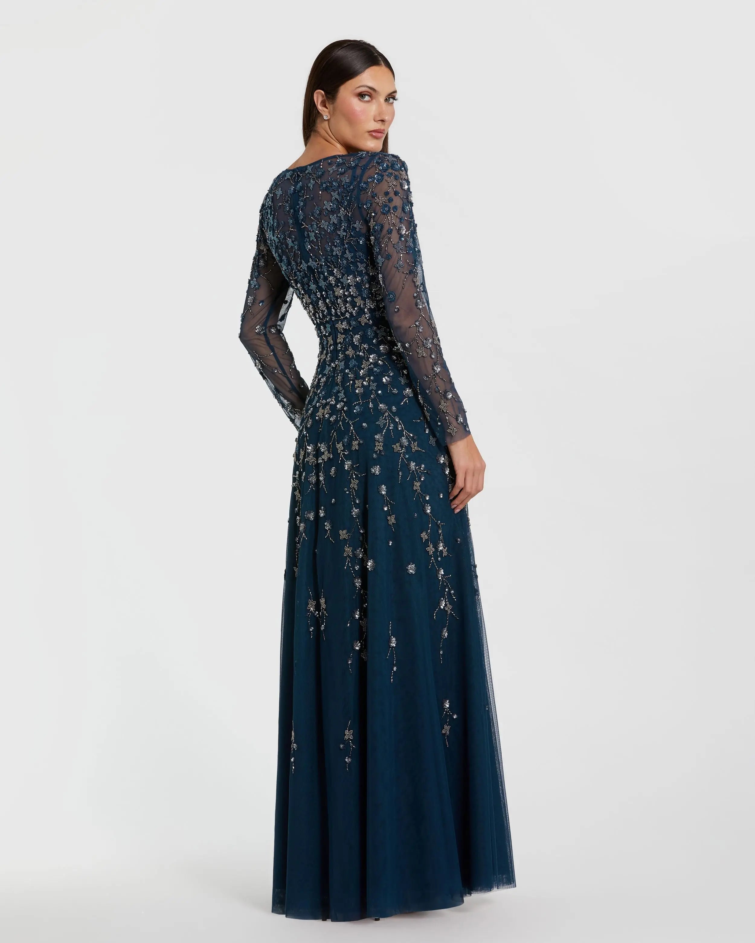 Navy Embellished Wrap Over Illusion Long Sleeve A Line Gown-Myartka