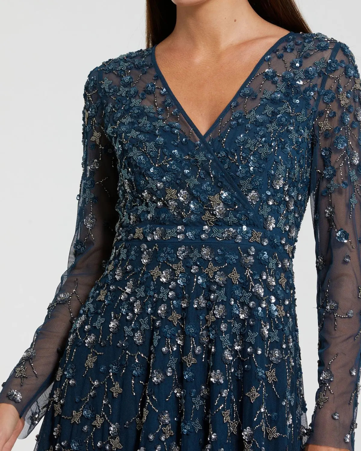 Navy Embellished Wrap Over Illusion Long Sleeve A Line Gown-Myartka