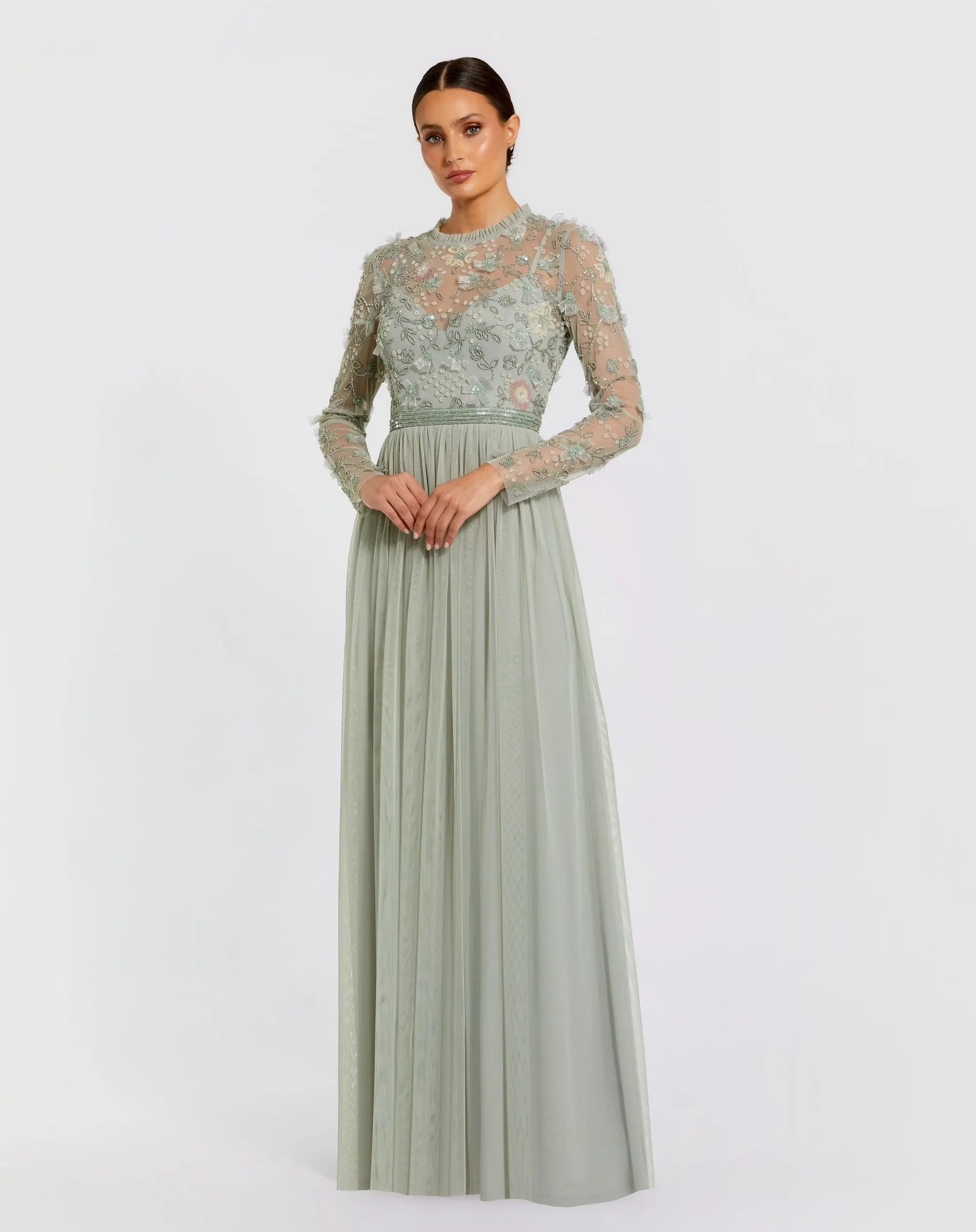 Green Embellished Illusion High Neck Long Sleeve Gown-Myartka