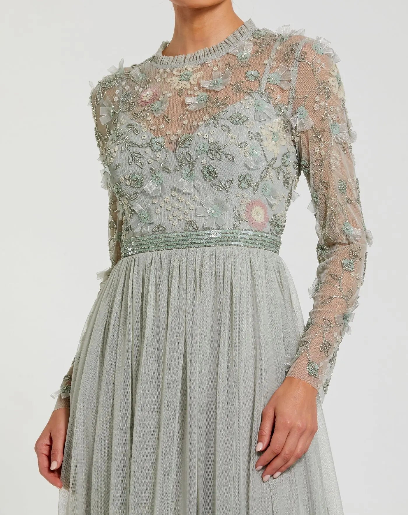 Green Embellished Illusion High Neck Long Sleeve Gown-Myartka