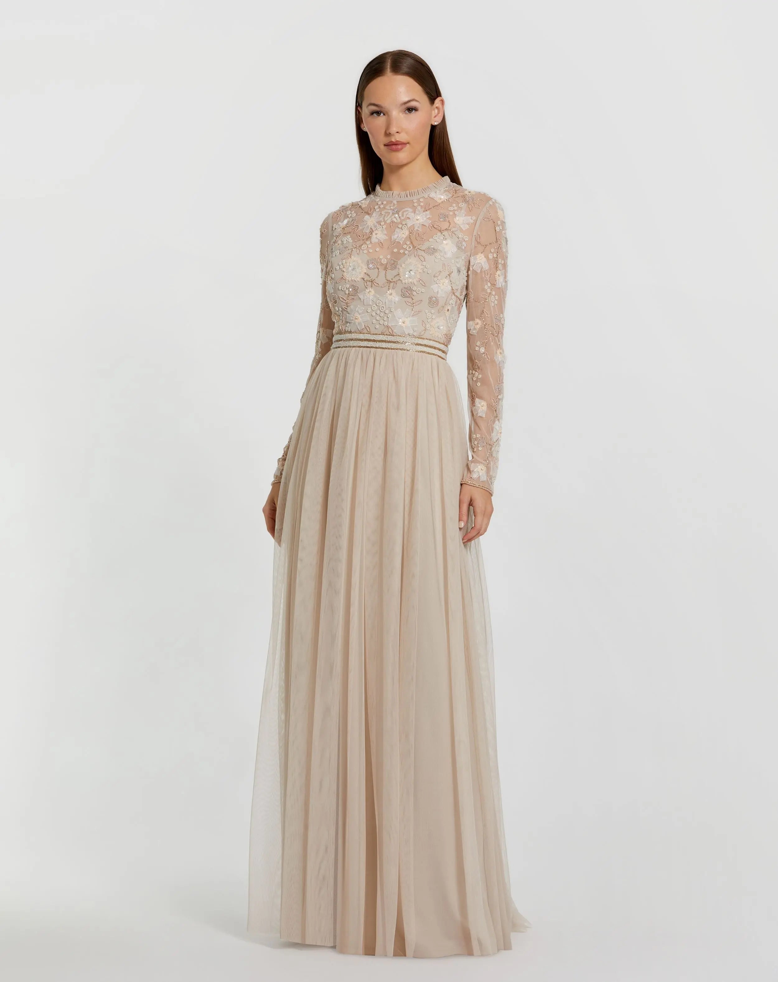 Beige Embellished Illusion High Neck Long Sleeve Gown-Myartka