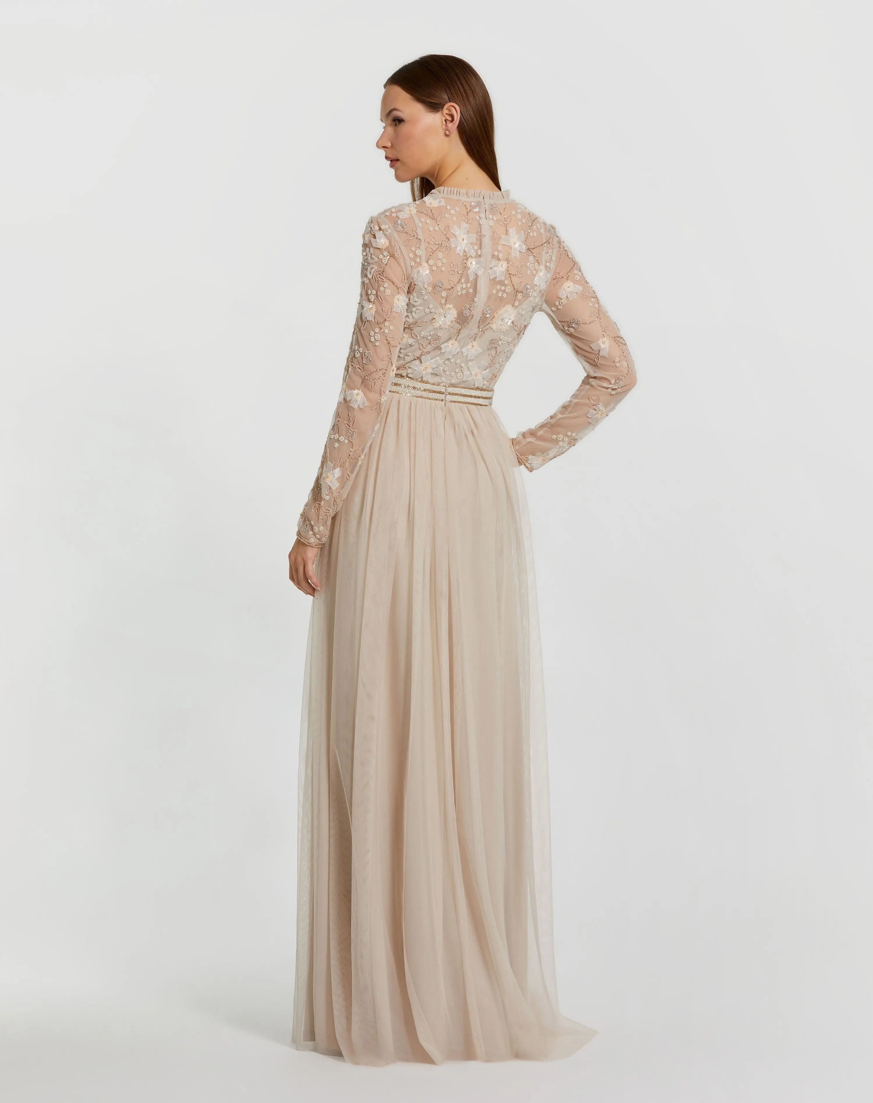 Beige Embellished Illusion High Neck Long Sleeve Gown-Myartka