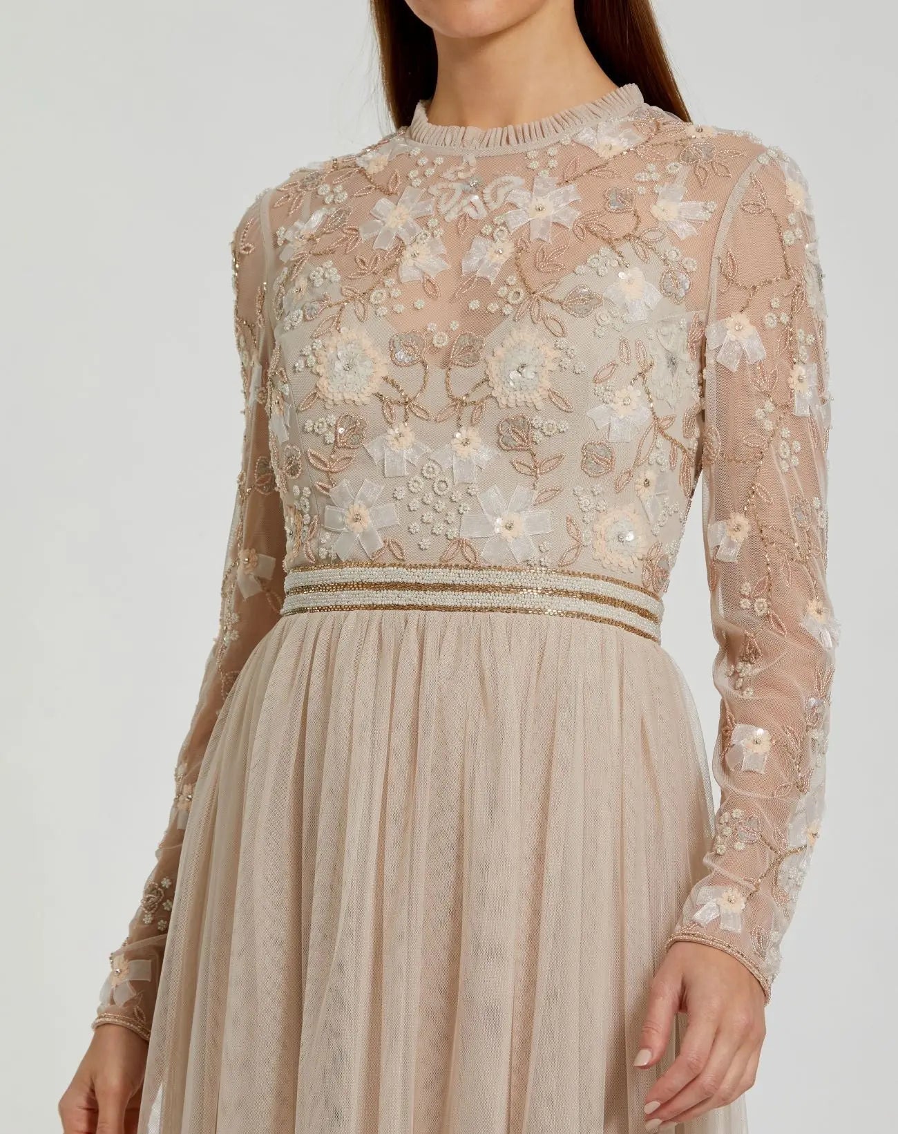 Beige Embellished Illusion High Neck Long Sleeve Gown-Myartka