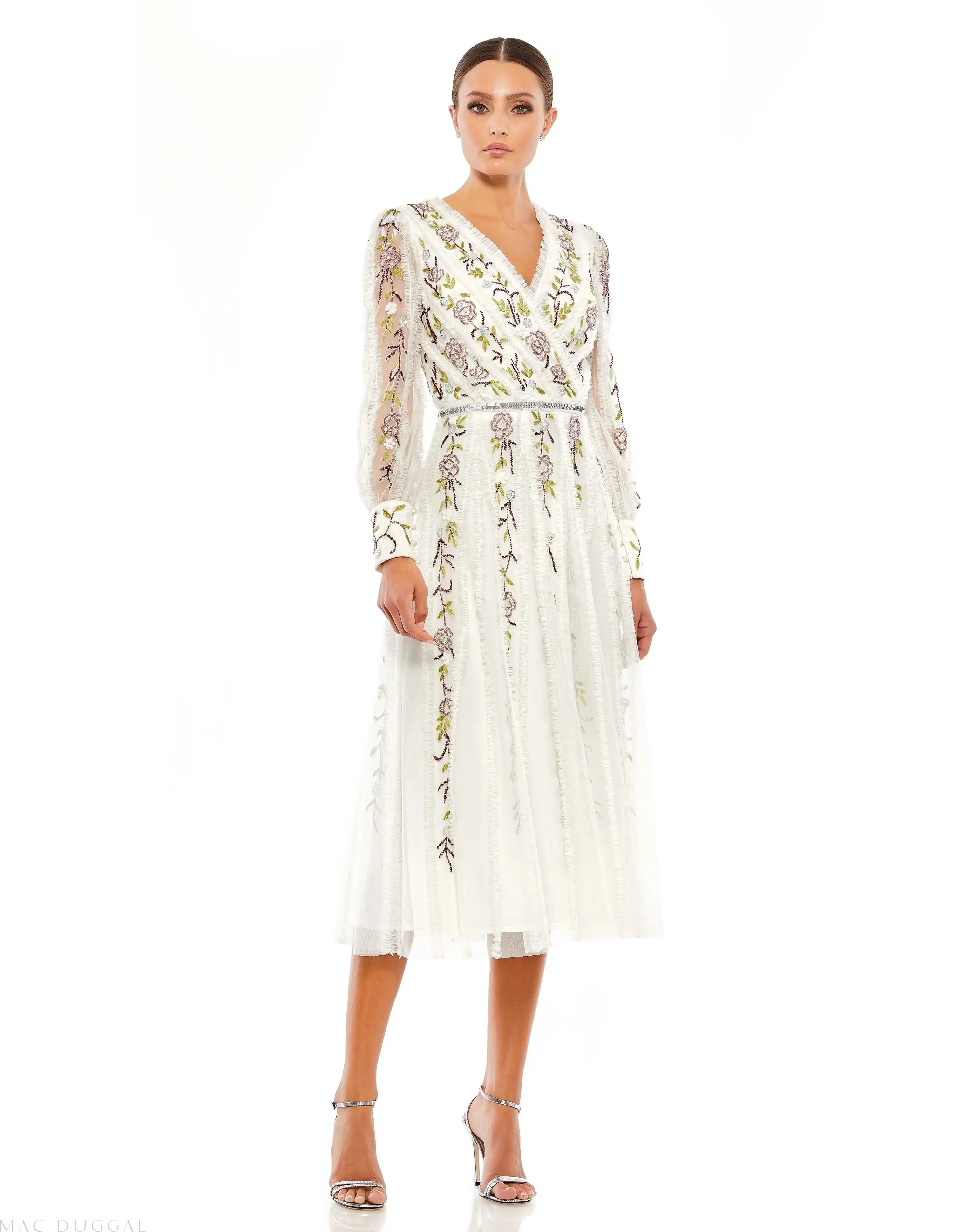 White Long Sleeve Embroidered Wrap Midi Dress-Myartka