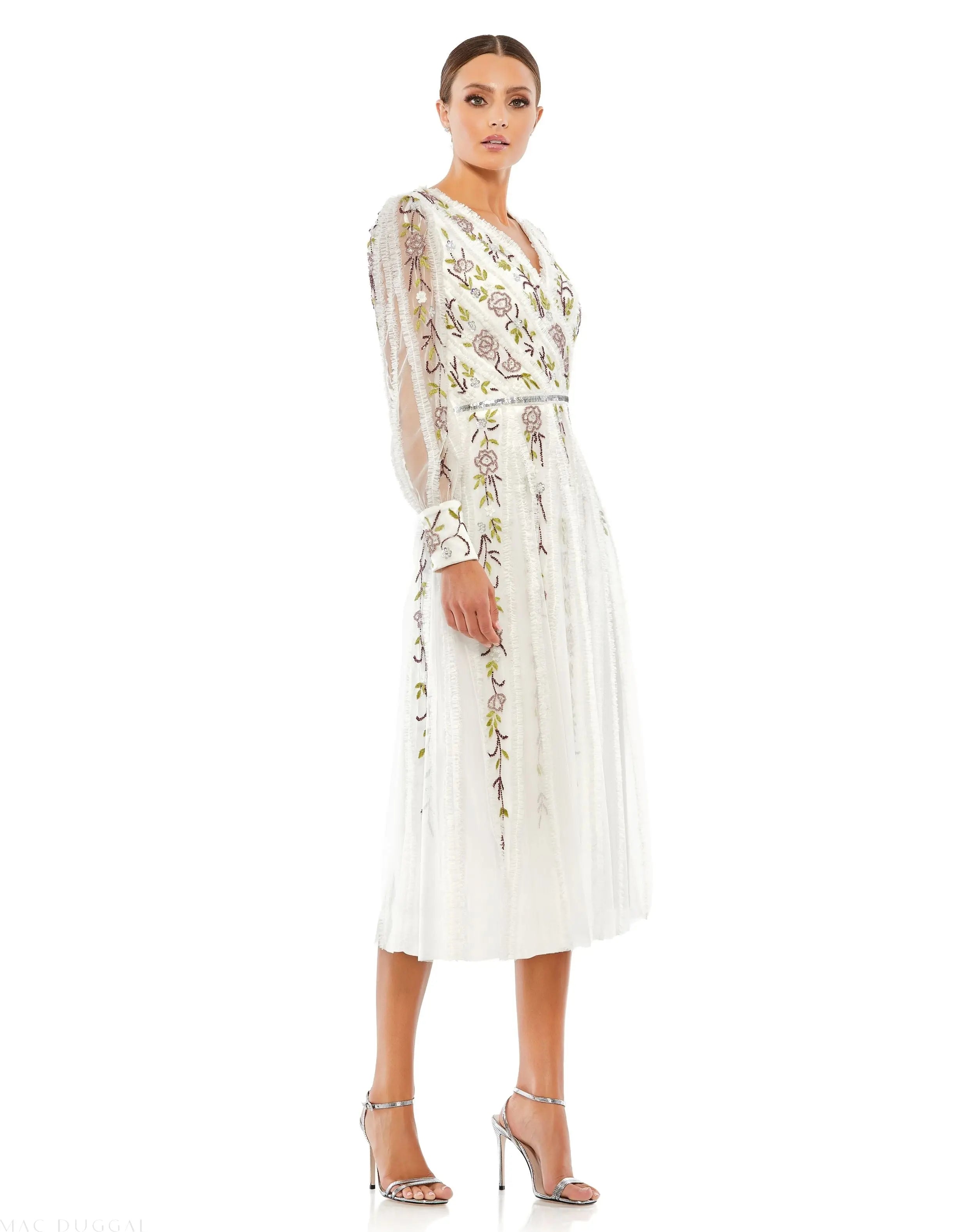 White Long Sleeve Embroidered Wrap Midi Dress-Myartka